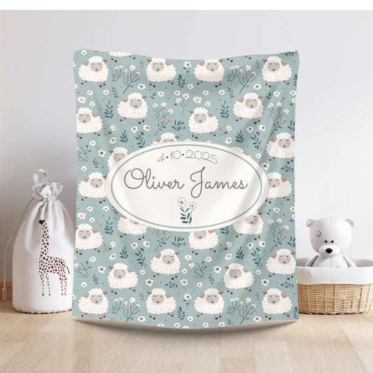 Personalized Baby Swaddle Blanket - Sweet Baby Lamb Pattern - Slate Color - New Baby Name Gift, Nursery Decor, Baby Shower Present, Infant