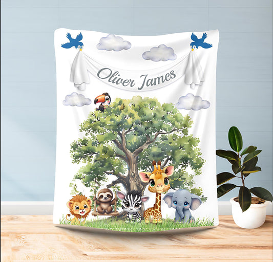 Custom Baby Blanket, Fleece Baby Blanket, Personalized Baby Lion Giraffe Elephant Tree, New Baby Gift, Nursery Decor, Baby Shower Present