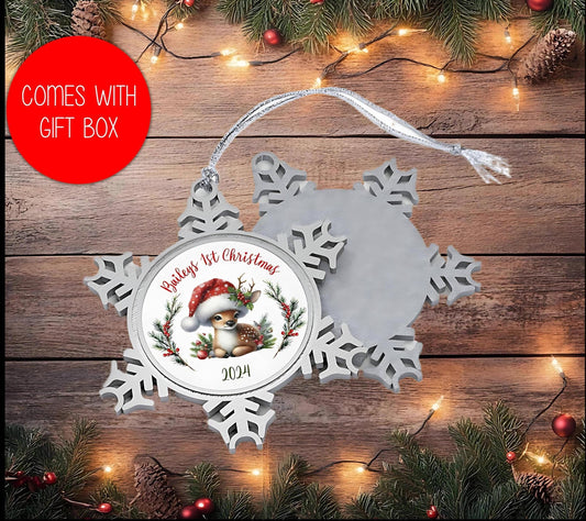Pewter Ornament, Baby's 1st Christmas, Personalized, Snowflake, Fawn, Santa Hat, Gift Box, New Baby, Family Ornament, Holiday Decoration