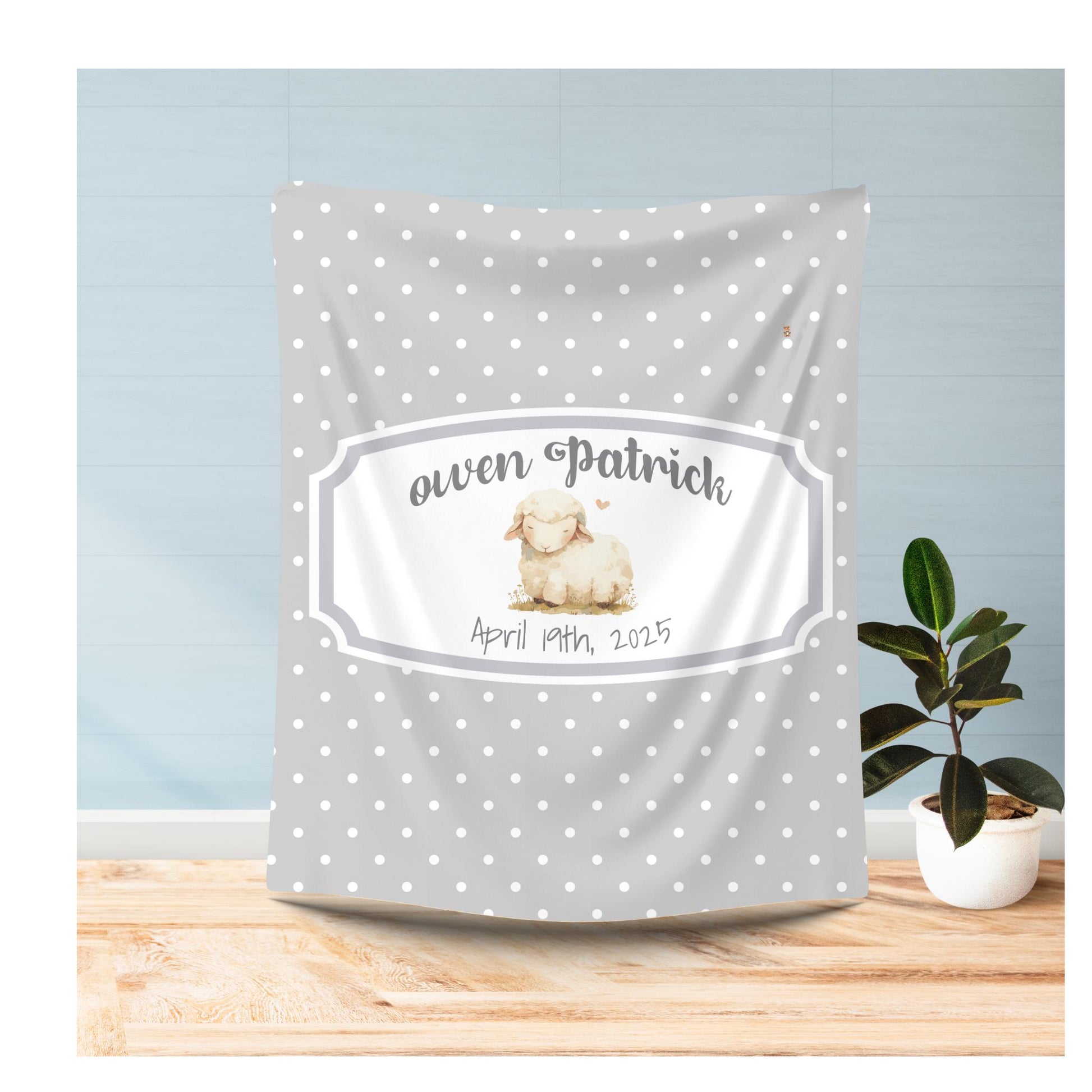 Personalized Baby Swaddle Blanket, Custom Name, Soft Fleece, Newborn Gift, Lamb Design, Polka Dots, Blue Yellow Pink Gray, Baby Shower,