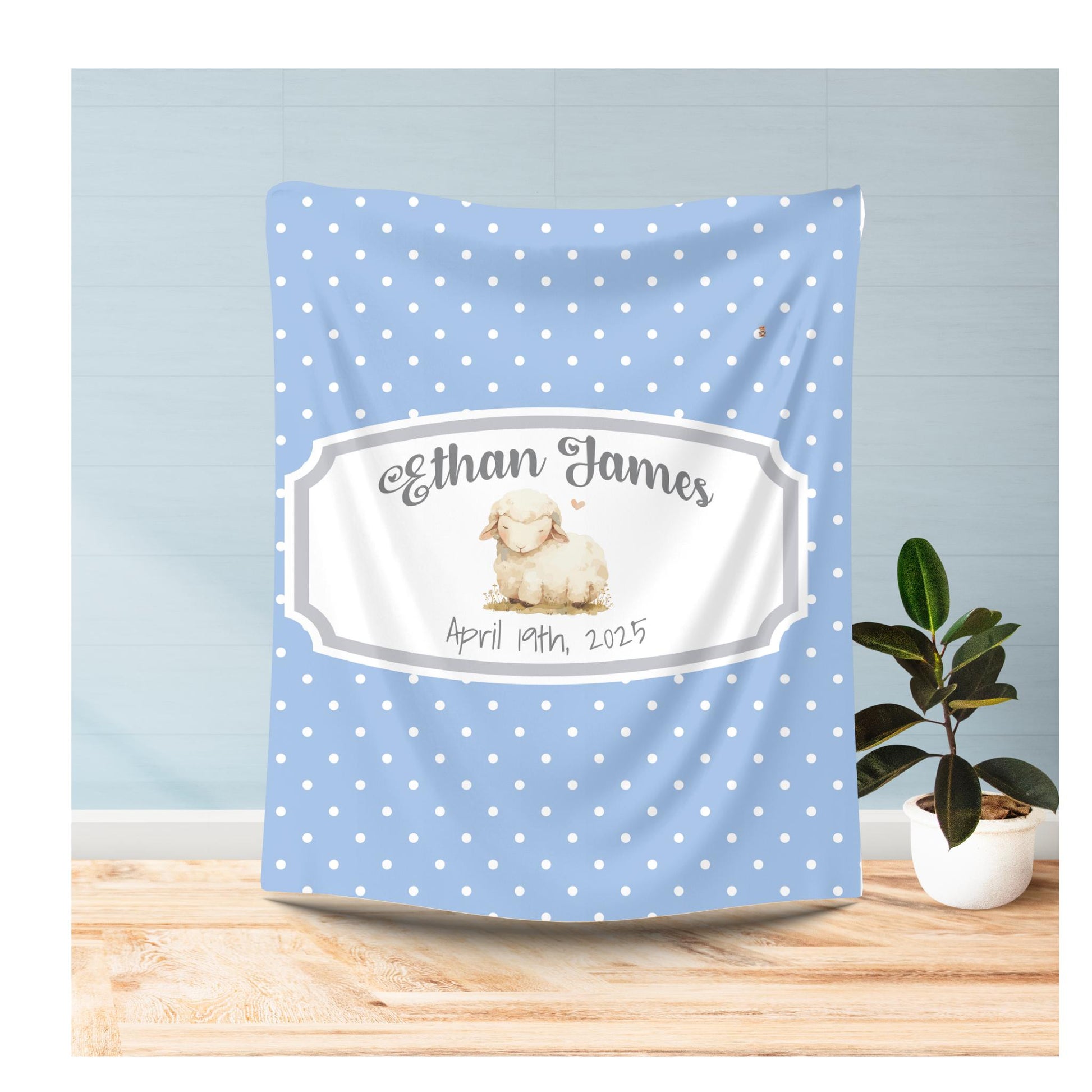 Personalized Baby Swaddle Blanket, Custom Name, Soft Fleece, Newborn Gift, Lamb Design, Polka Dots, Blue Yellow Pink Gray, Baby Shower,