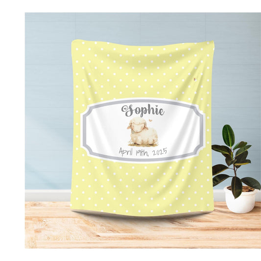 Personalized Baby Swaddle Blanket, Custom Name, Soft Fleece, Newborn Gift, Lamb Design, Polka Dots, Blue Yellow Pink Gray, Baby Shower,