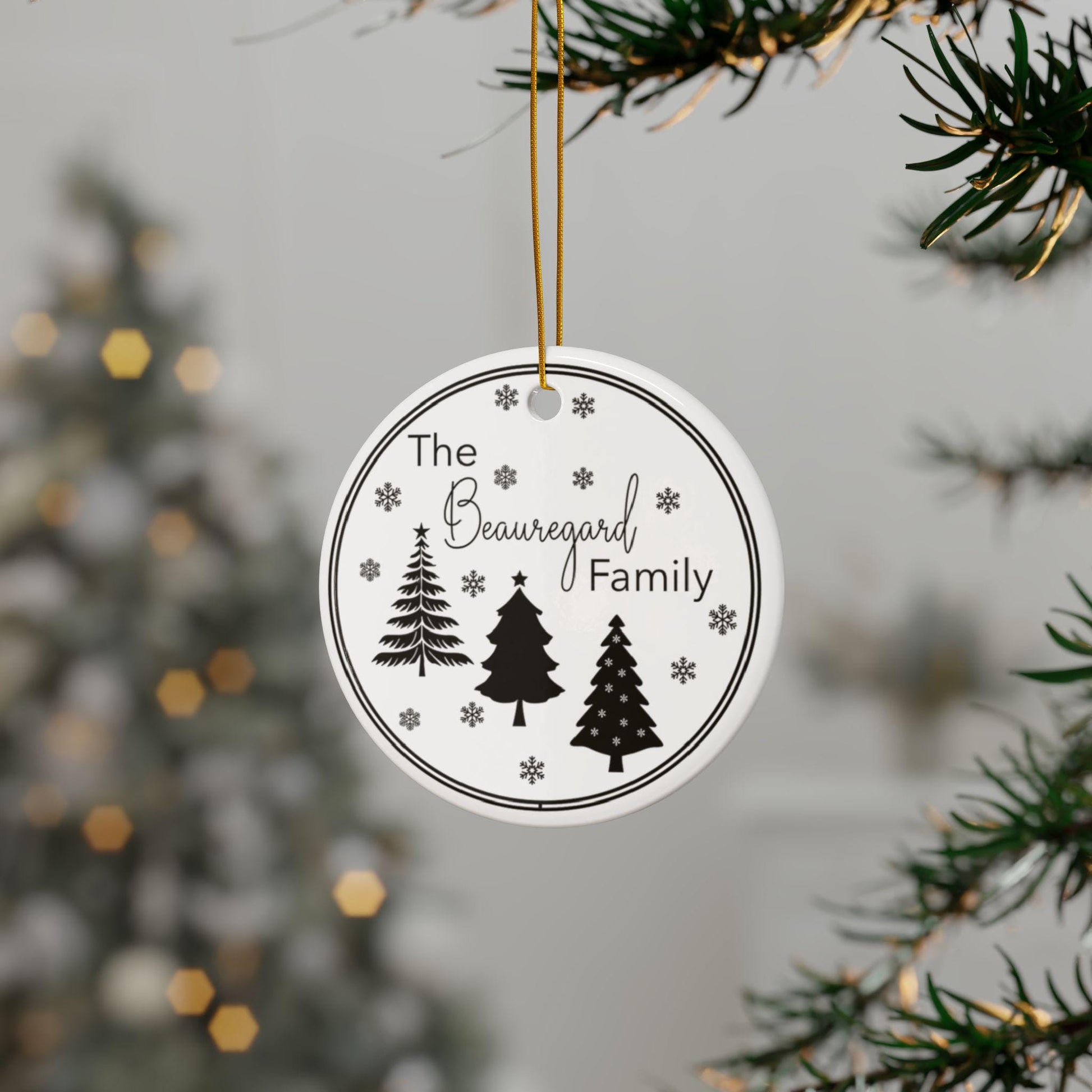 Personalized Family Name Christmas Tree Snowflake Ornament - Black White Holiday Decor, Xmas Gift Idea, Custom Ornament