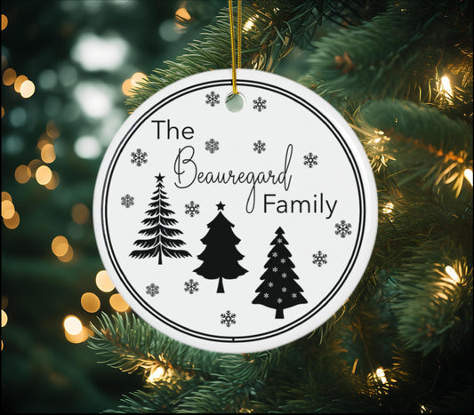 Personalized Family Name Christmas Tree Snowflake Ornament - Black White Holiday Decor, Xmas Gift Idea, Custom Ornament