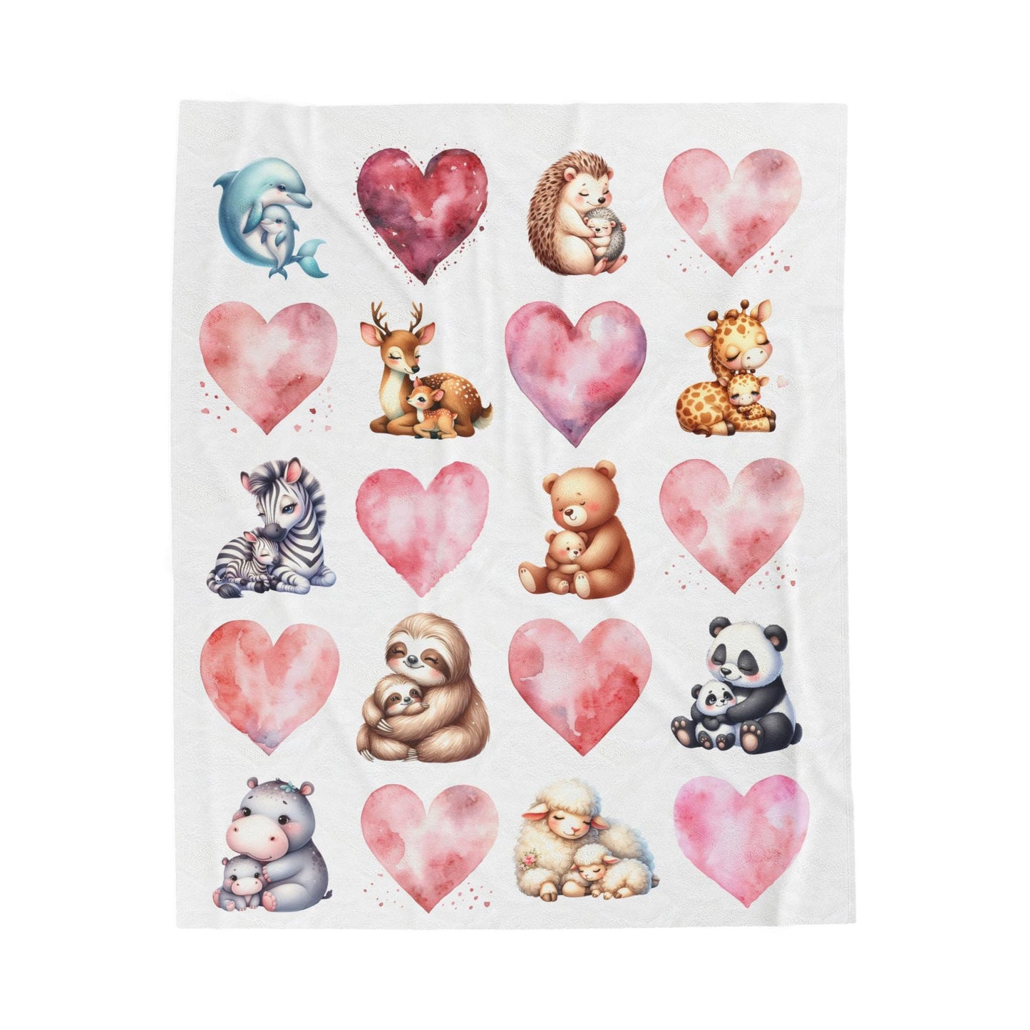 Plush Blanket, Watercolor Hearts, Mother Animals and Babies Design, Baby Child Blanket, Nursery Decor, Soft Throw, Gift for New Mom
