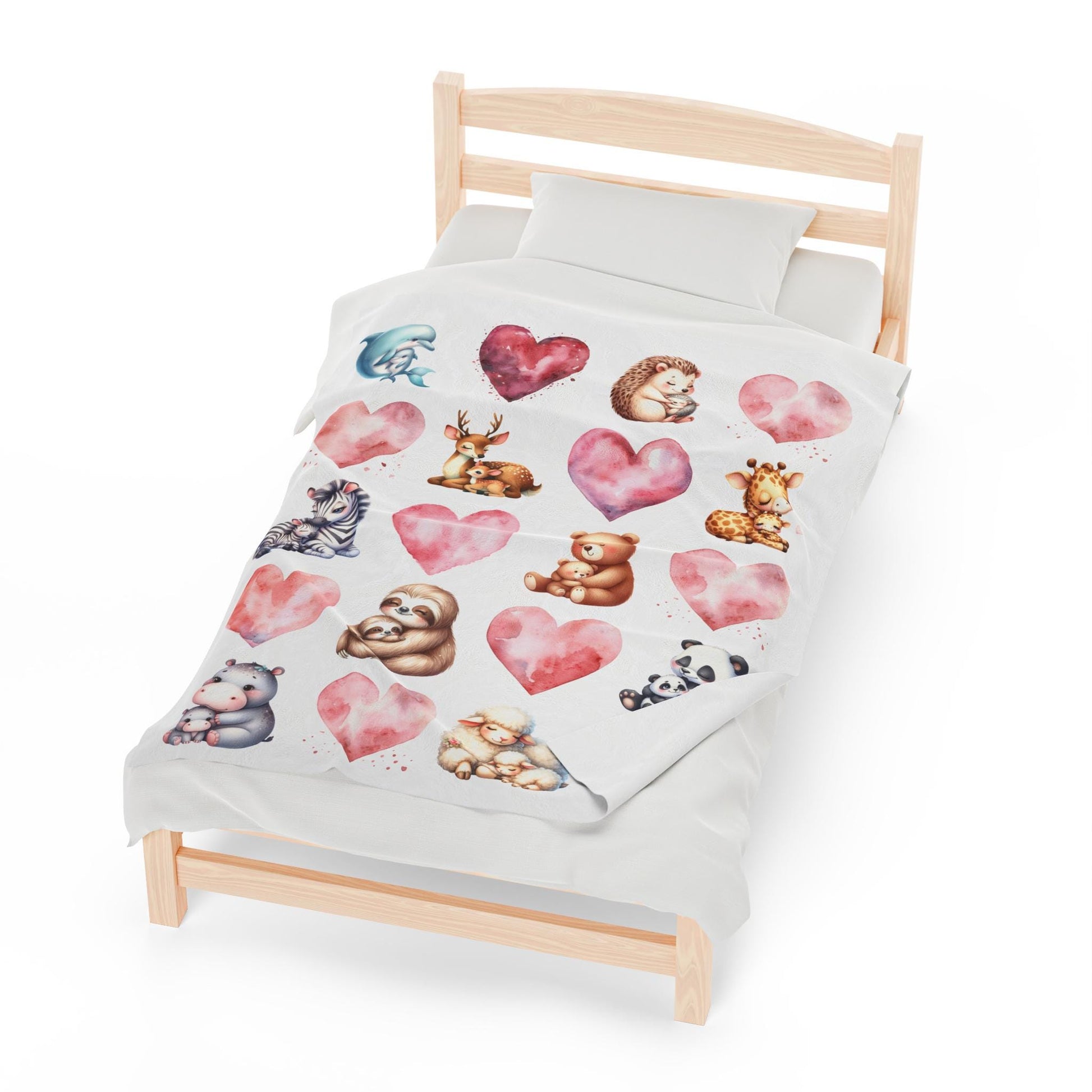 Plush Blanket, Watercolor Hearts, Mother Animals and Babies Design, Baby Child Blanket, Nursery Decor, Soft Throw, Gift for New Mom
