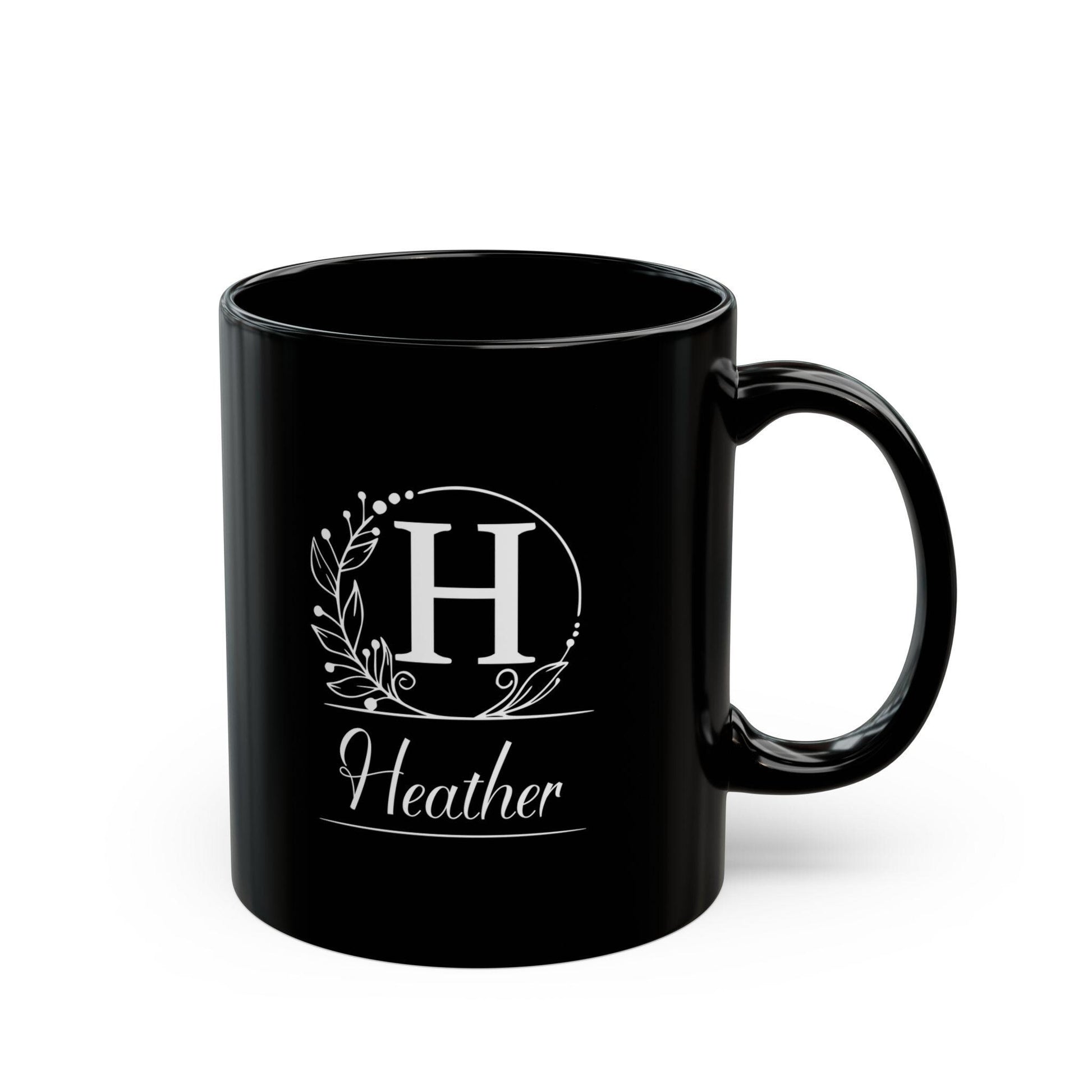 Personalized Black Mug - Custom Initial White Wreath Design, Elegant Script Font - Gift for Black & White Aesthetic Lover, Understated