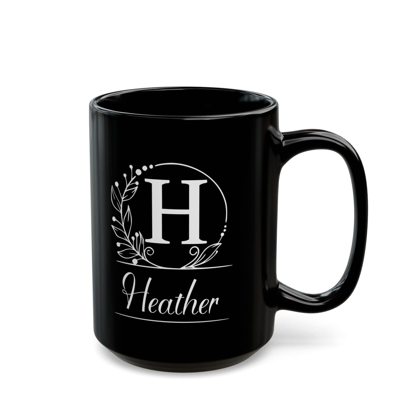 Personalized Black Mug - Custom Initial White Wreath Design, Elegant Script Font - Gift for Black & White Aesthetic Lover, Understated