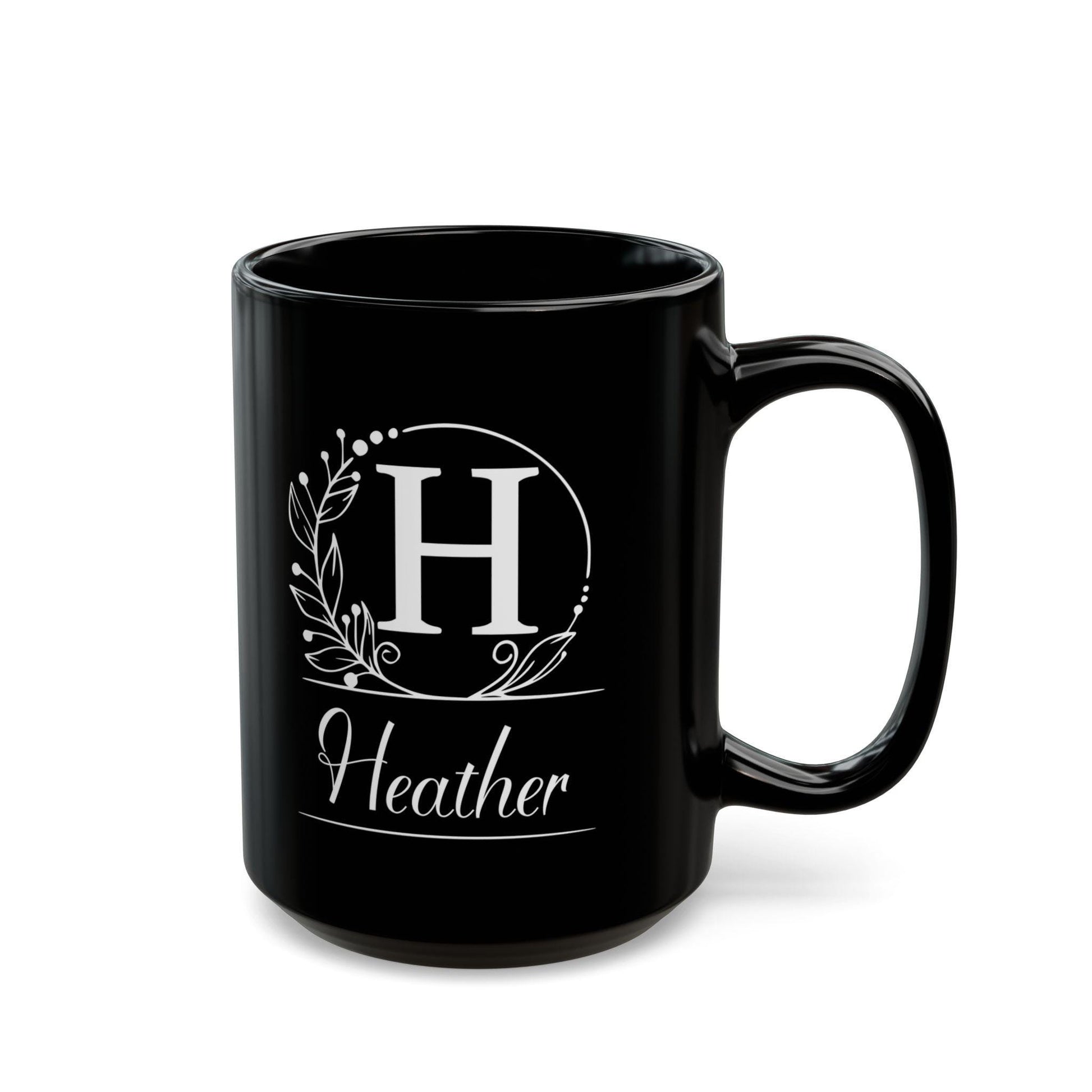 Personalized Black Mug - Custom Initial White Wreath Design, Elegant Script Font - Gift for Black & White Aesthetic Lover, Understated