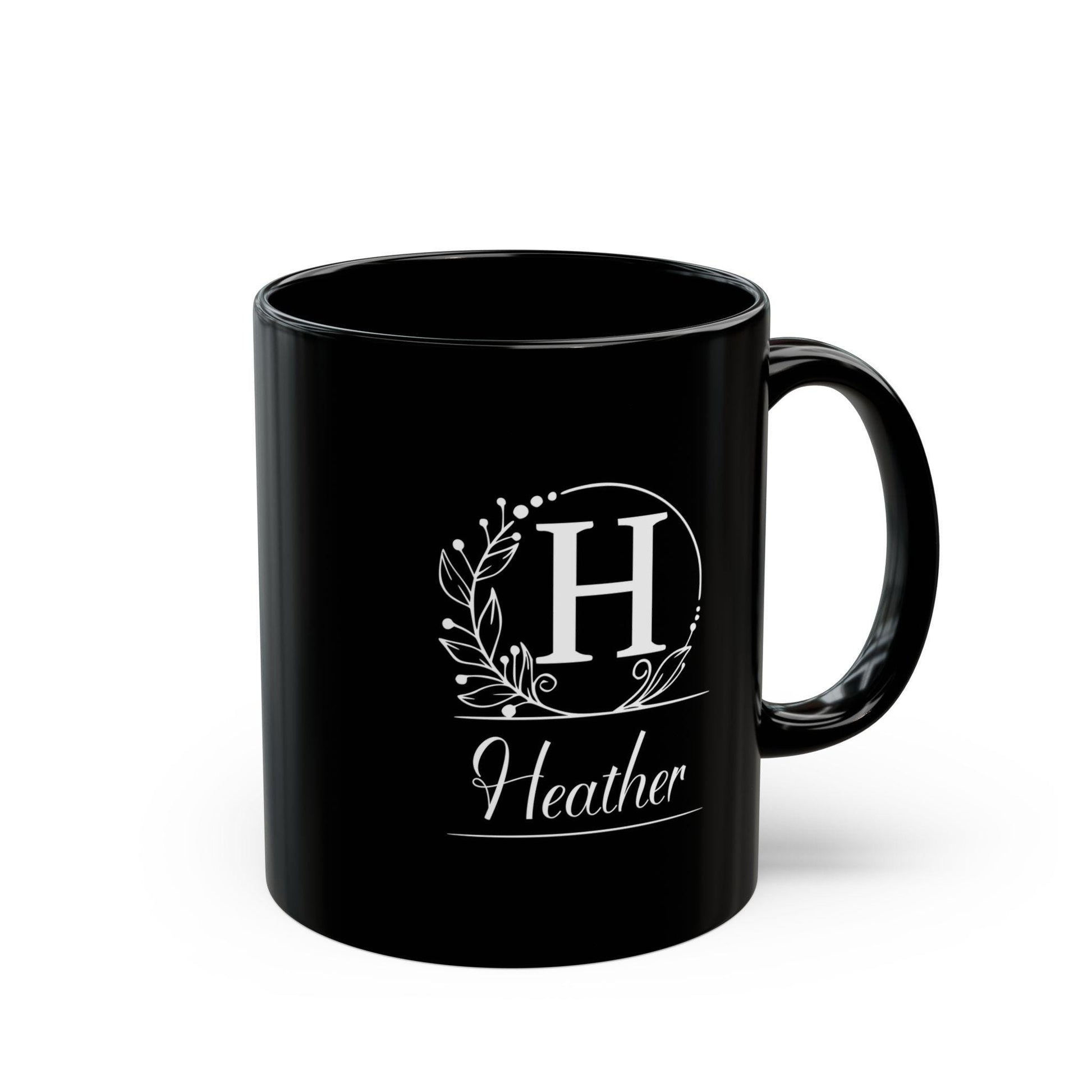 Personalized Black Mug - Custom Initial White Wreath Design, Elegant Script Font - Gift for Black & White Aesthetic Lover, Understated