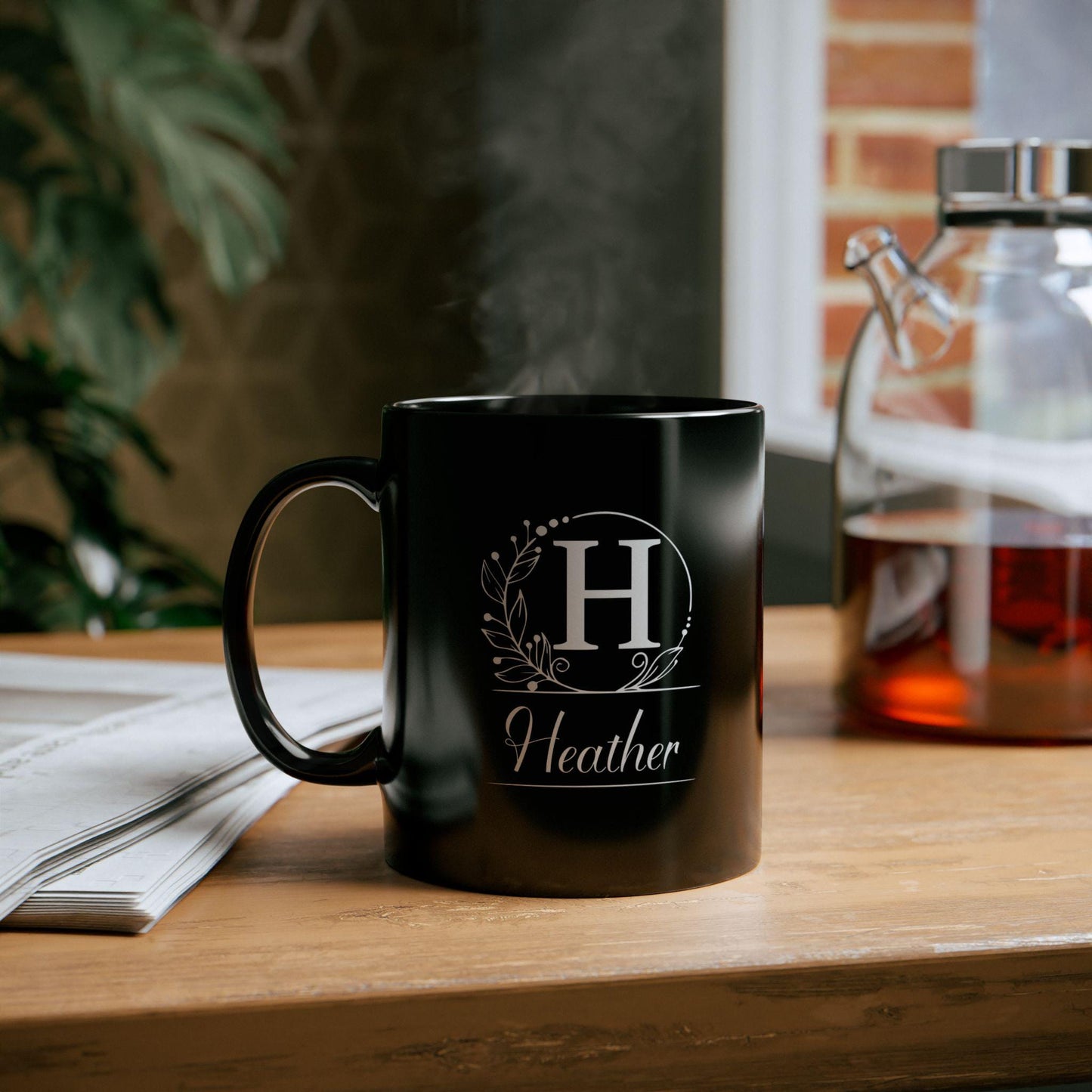 Personalized Black Mug - Custom Initial White Wreath Design, Elegant Script Font - Gift for Black & White Aesthetic Lover, Understated