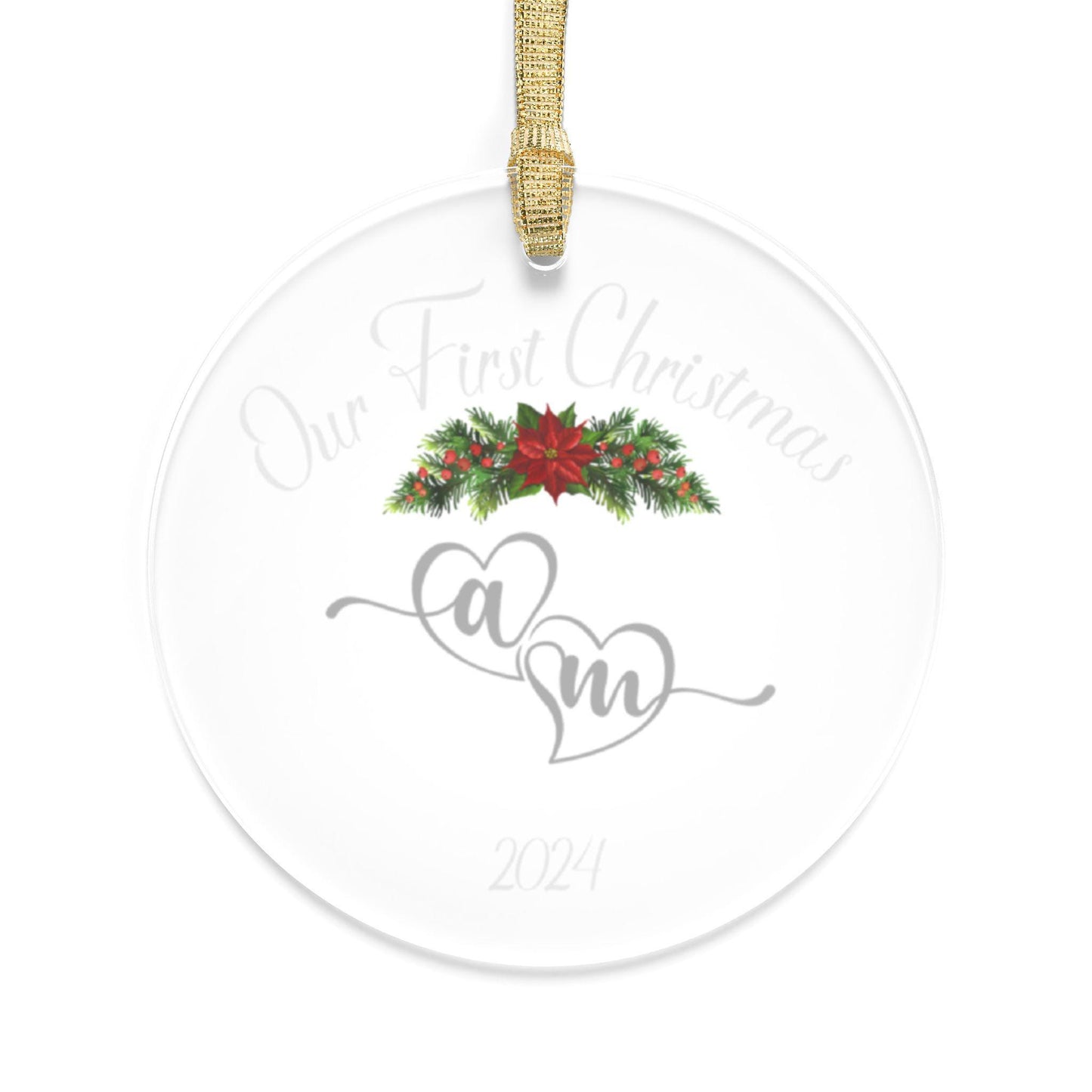 Couple's First Christmas Acrylic Ornaments - Initials Hearts Year Pine Holly Berries Red Bow, Holiday Decor, Personalized Christmas Gift,