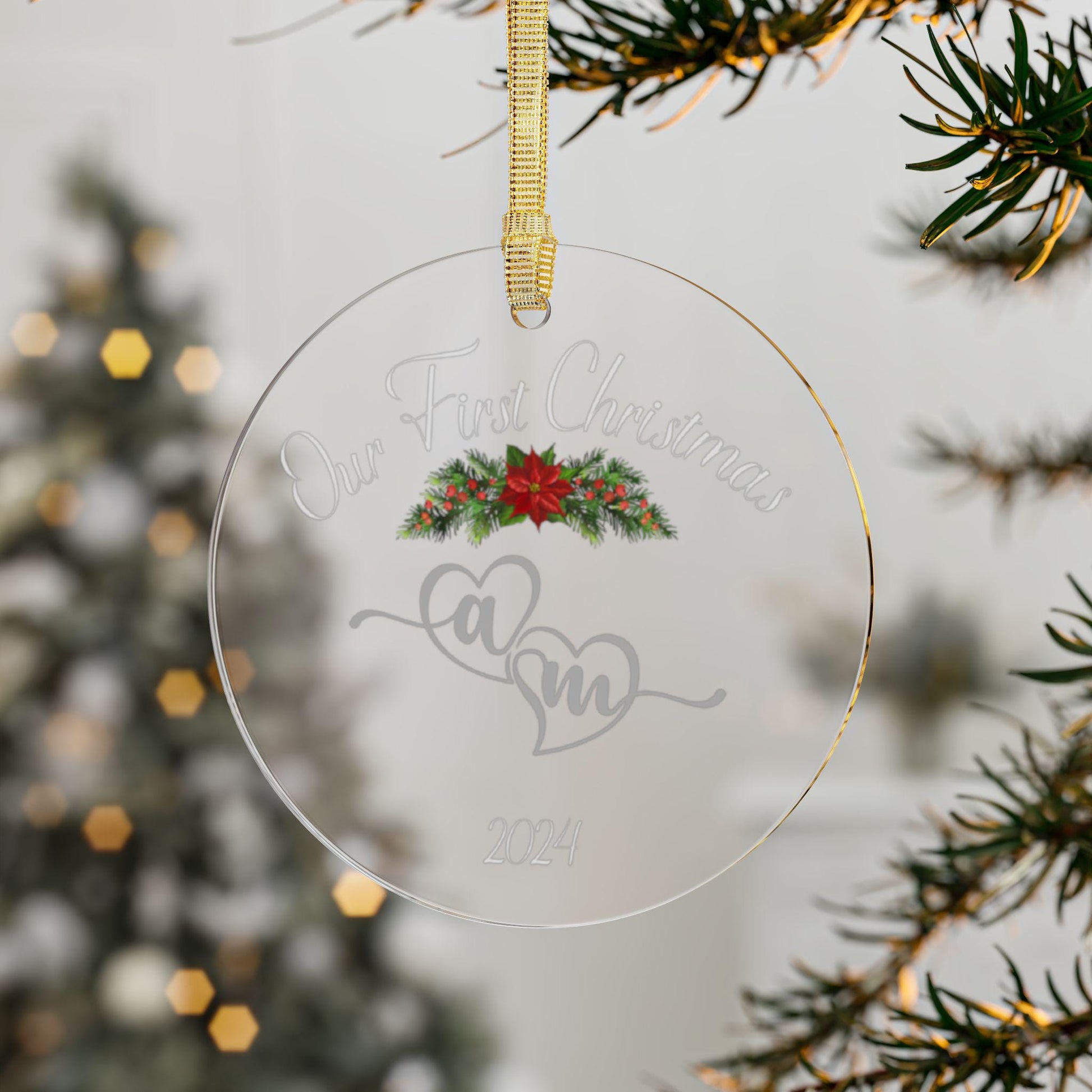 Couple's First Christmas Acrylic Ornaments - Initials Hearts Year Pine Holly Berries Red Bow, Holiday Decor, Personalized Christmas Gift,