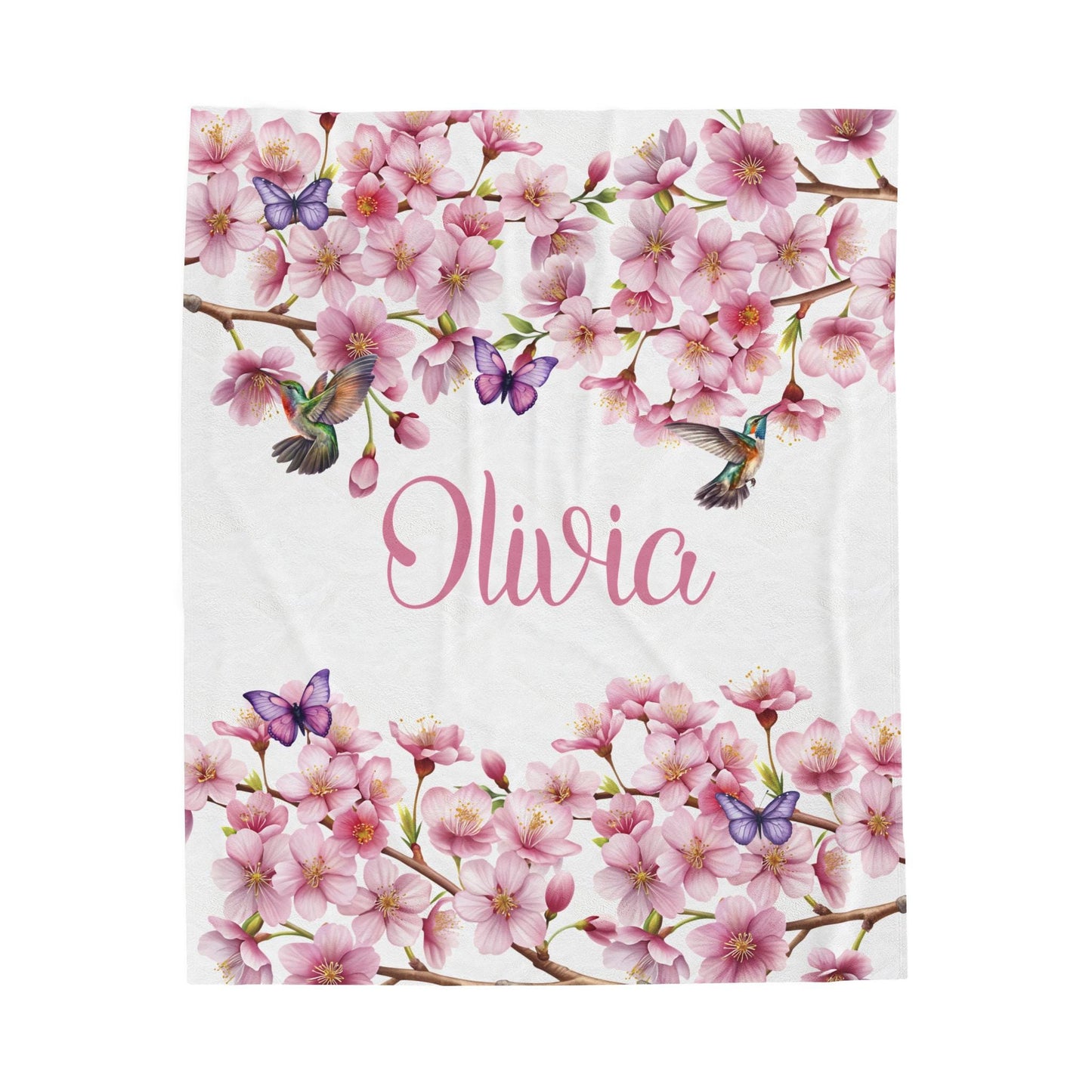 Personalized Velveteen Plush Blanket, Cherry Blossom Personalized Throw, Butterflies Hummingbirds Floral Bedding, Custom Name Gift