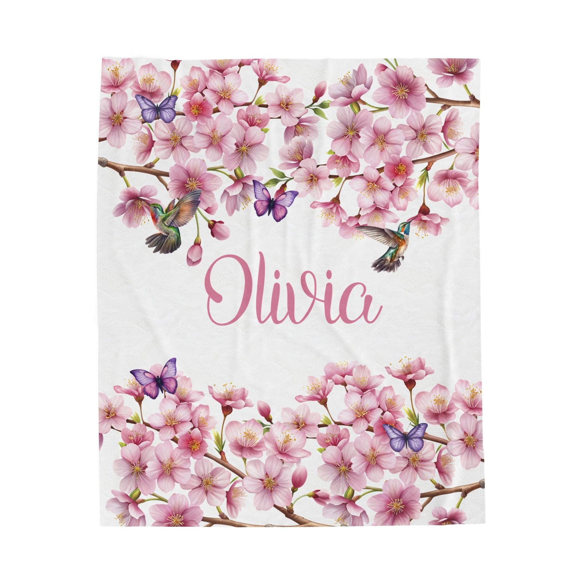 Personalized Velveteen Plush Blanket, Cherry Blossom Personalized Throw, Butterflies Hummingbirds Floral Bedding, Custom Name Gift