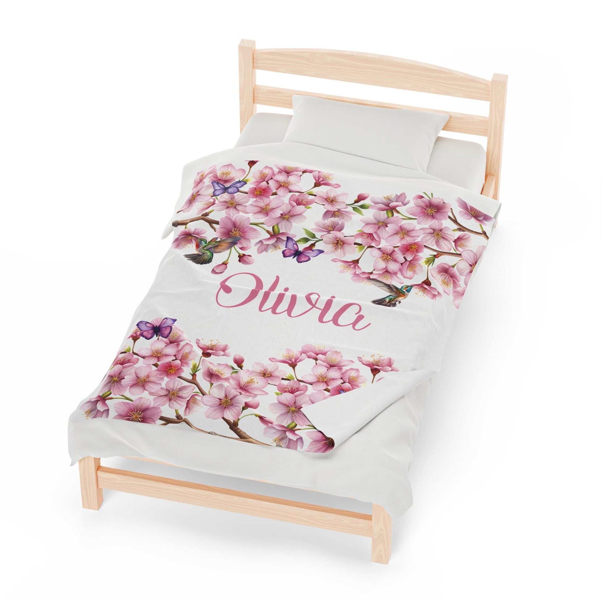 Personalized Velveteen Plush Blanket, Cherry Blossom Personalized Throw, Butterflies Hummingbirds Floral Bedding, Custom Name Gift