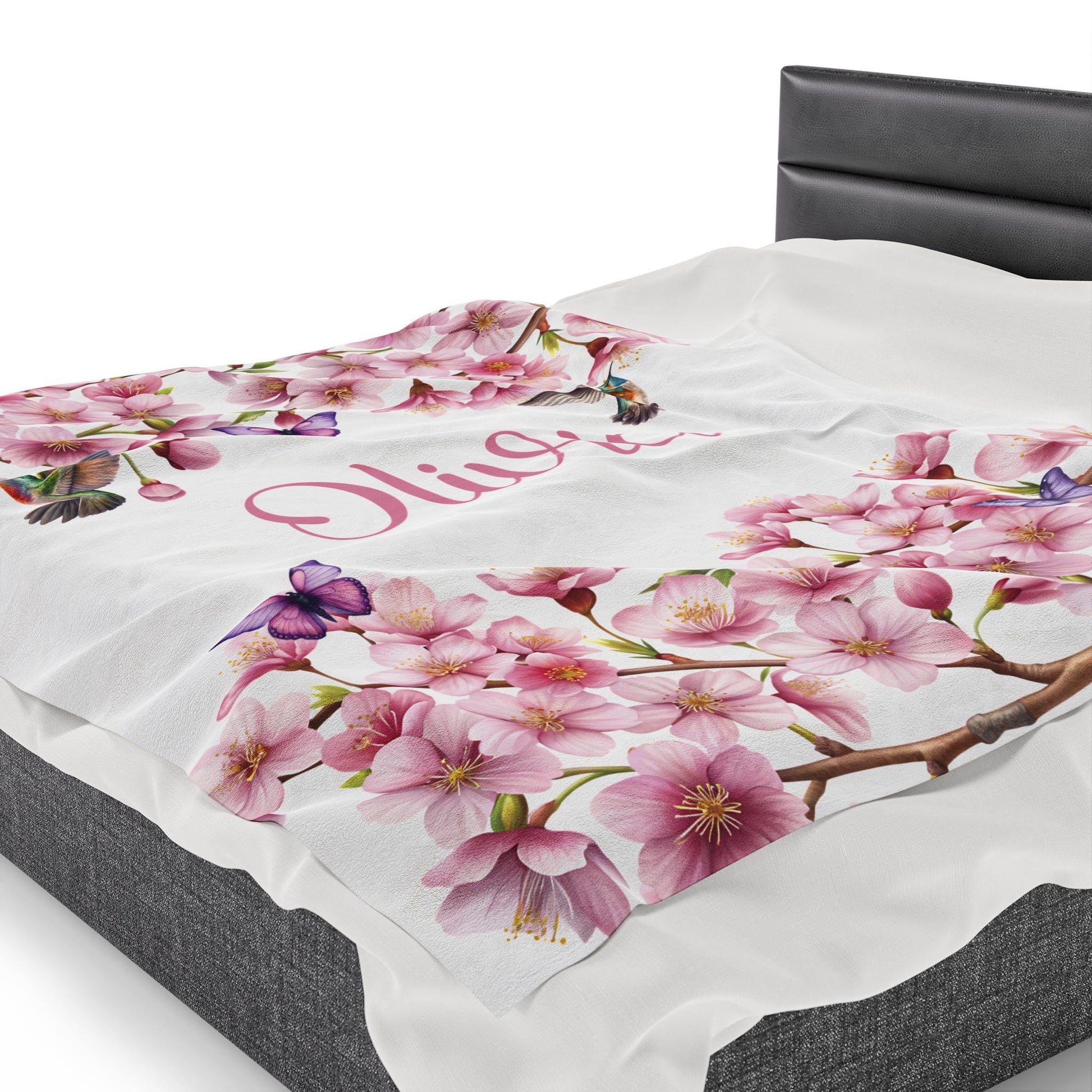 Personalized Velveteen Plush Blanket, Cherry Blossom Personalized Throw, Butterflies Hummingbirds Floral Bedding, Custom Name Gift
