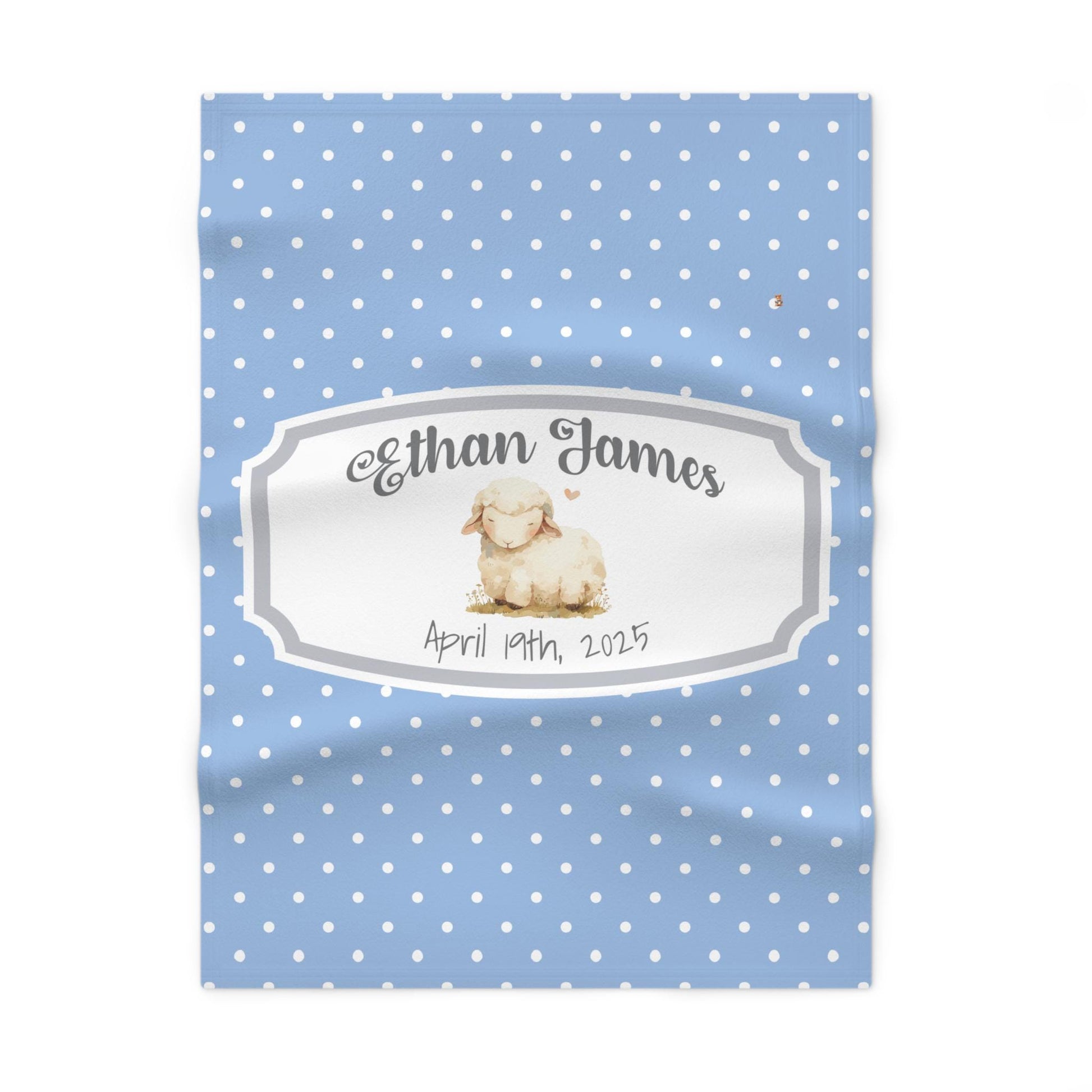 Personalized Baby Swaddle Blanket, Custom Name, Soft Fleece, Newborn Gift, Lamb Design, Polka Dots, Blue Yellow Pink Gray, Baby Shower,