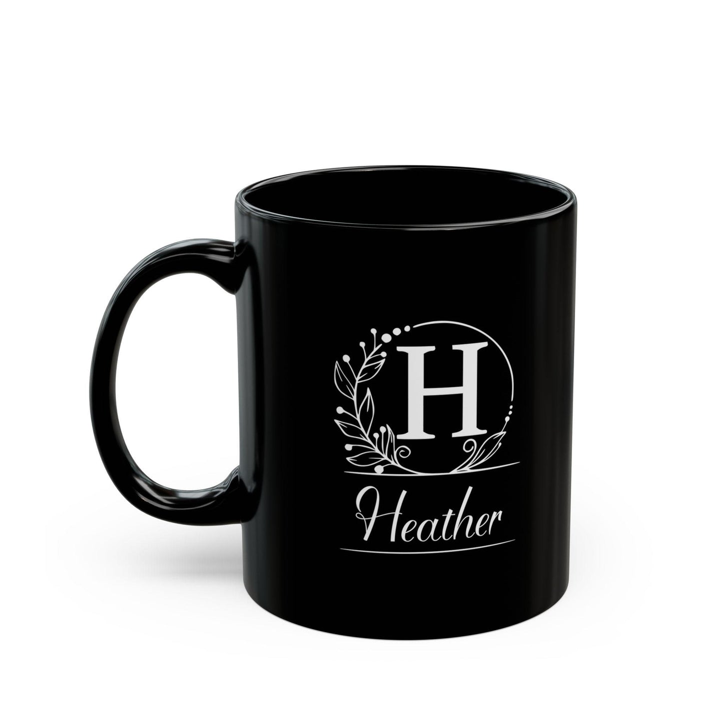 Personalized Black Mug - Custom Initial White Wreath Design, Elegant Script Font - Gift for Black & White Aesthetic Lover, Understated