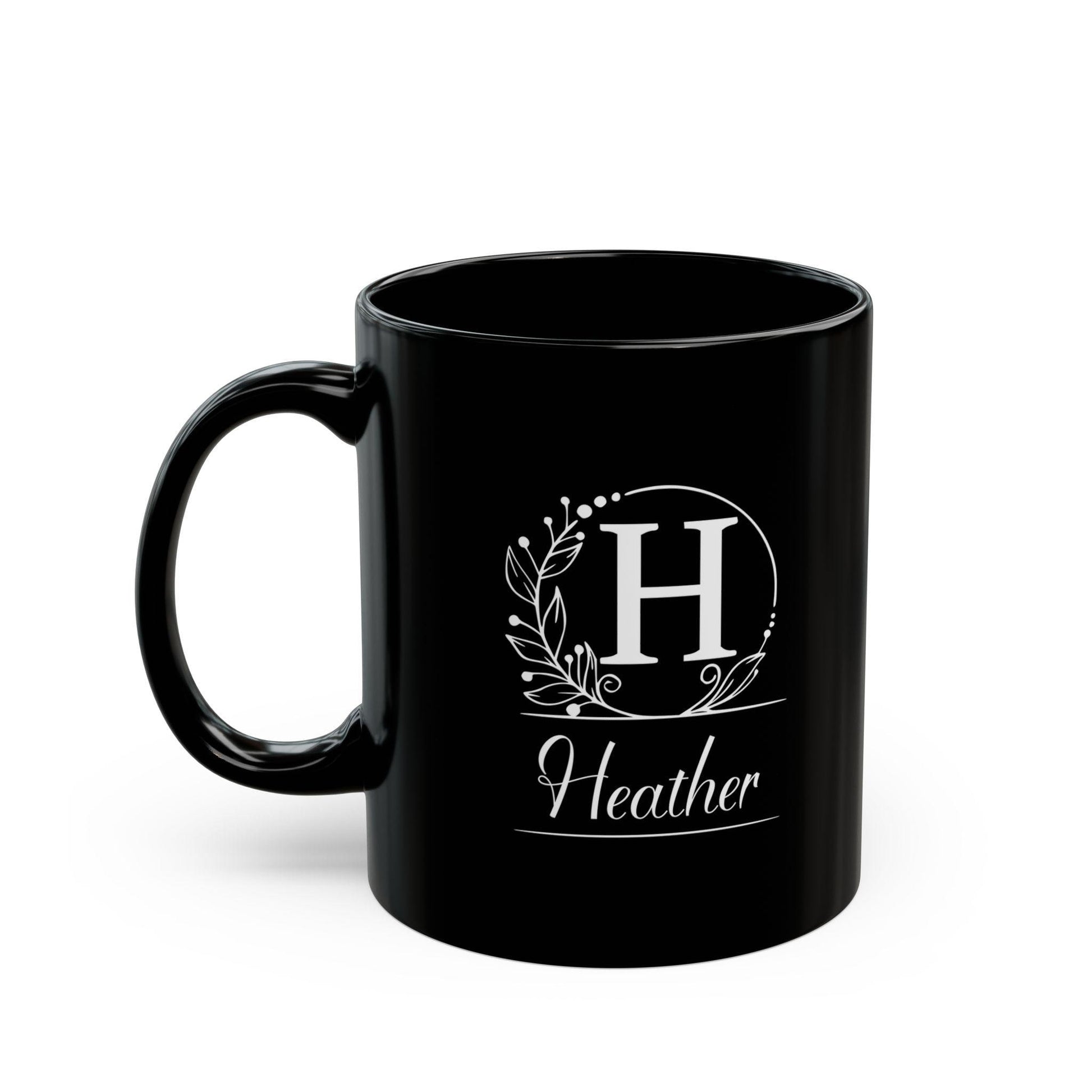 Personalized Black Mug - Custom Initial White Wreath Design, Elegant Script Font - Gift for Black & White Aesthetic Lover, Understated