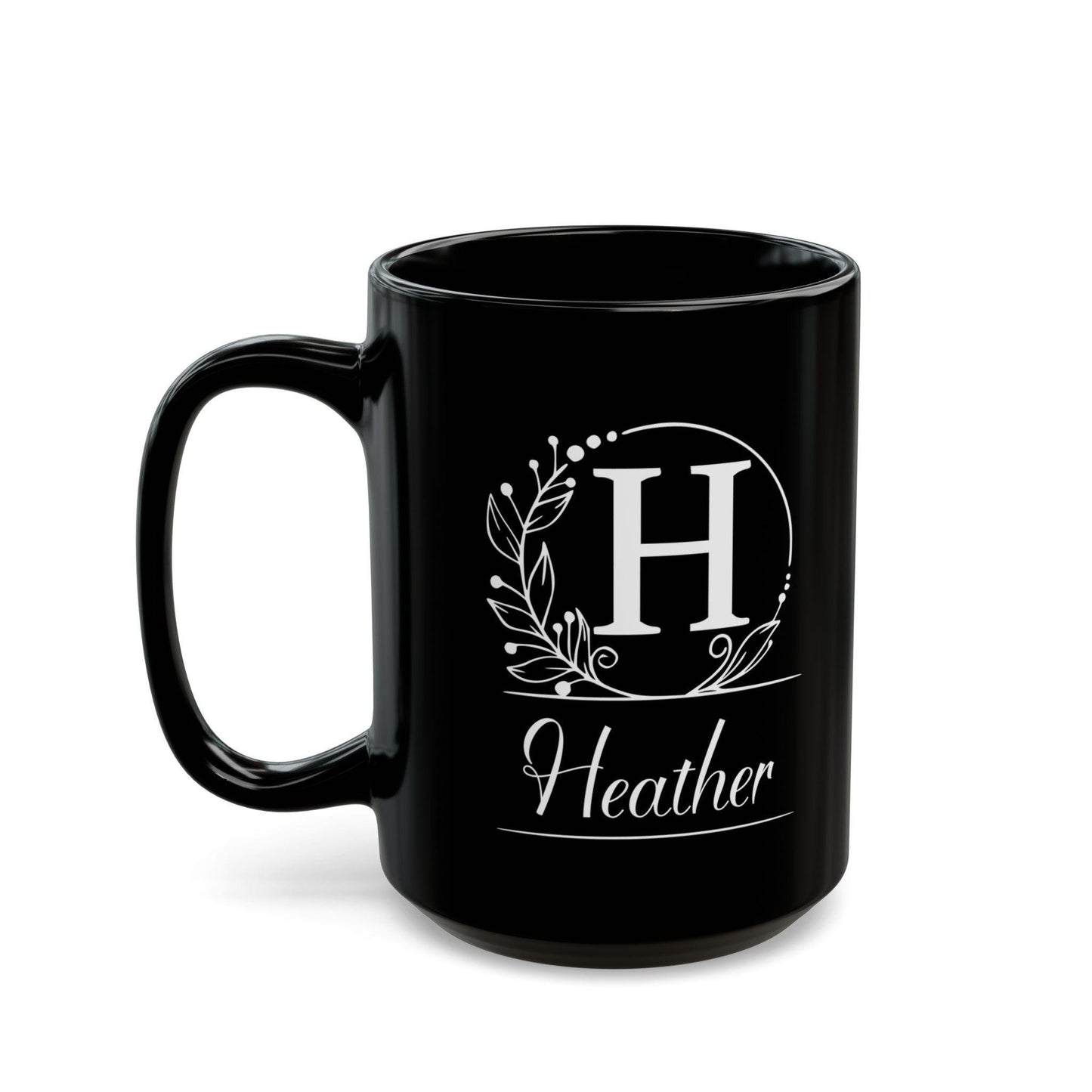 Personalized Black Mug - Custom Initial White Wreath Design, Elegant Script Font - Gift for Black & White Aesthetic Lover, Understated