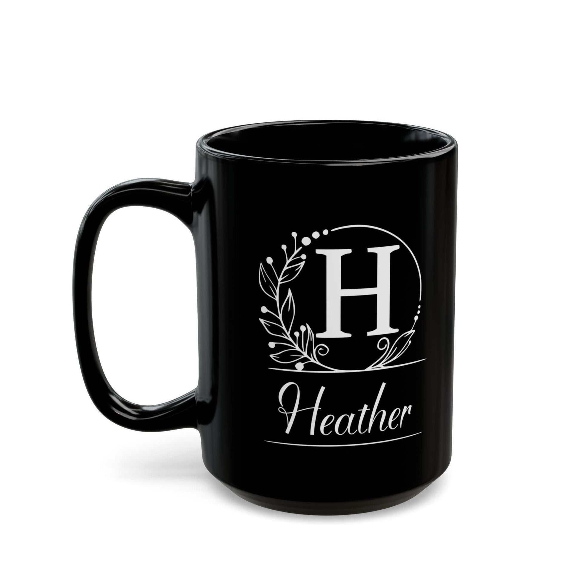 Personalized Black Mug - Custom Initial White Wreath Design, Elegant Script Font - Gift for Black & White Aesthetic Lover, Understated