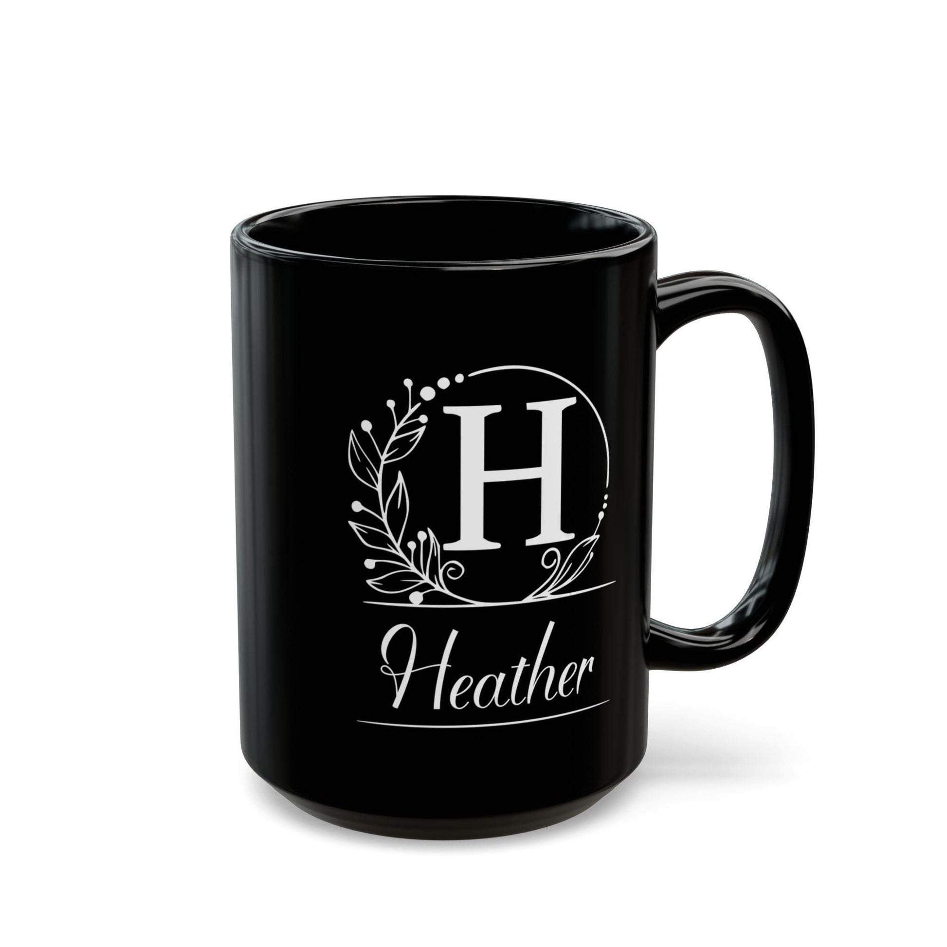 Personalized Black Mug - Custom Initial White Wreath Design, Elegant Script Font - Gift for Black & White Aesthetic Lover, Understated