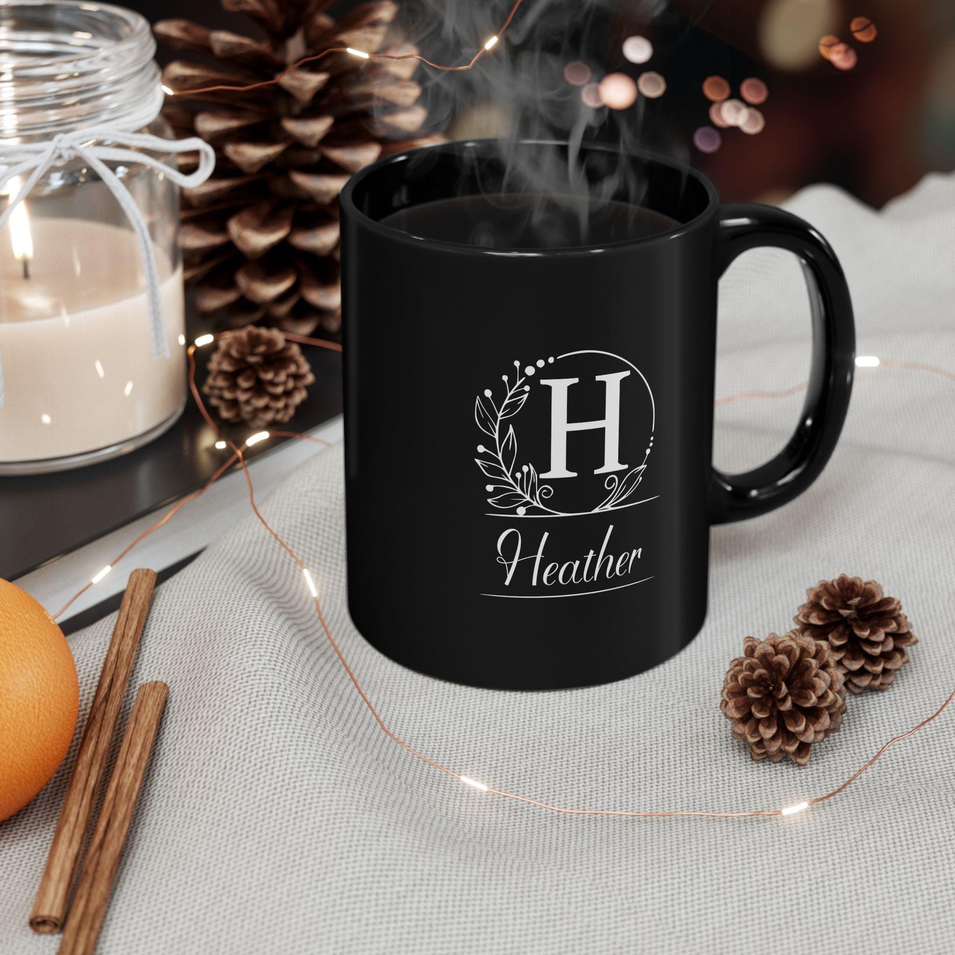 Personalized Black Mug - Custom Initial White Wreath Design, Elegant Script Font - Gift for Black & White Aesthetic Lover, Understated