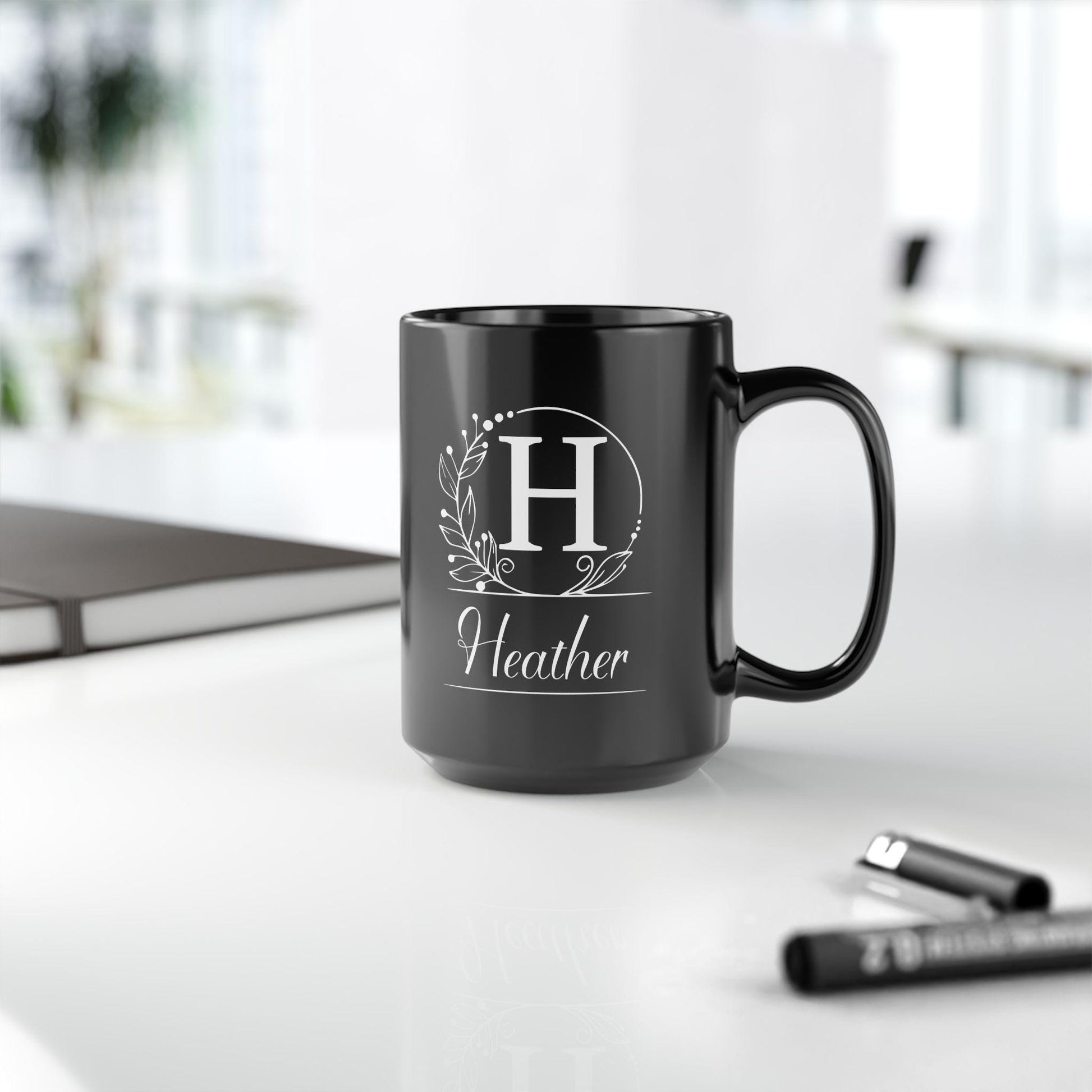 Personalized Black Mug - Custom Initial White Wreath Design, Elegant Script Font - Gift for Black & White Aesthetic Lover, Understated