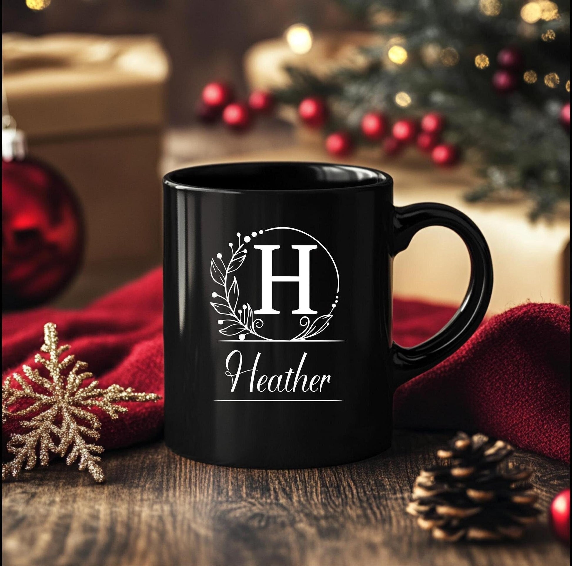 Personalized Black Mug - Custom Initial White Wreath Design, Elegant Script Font - Gift for Black & White Aesthetic Lover, Understated