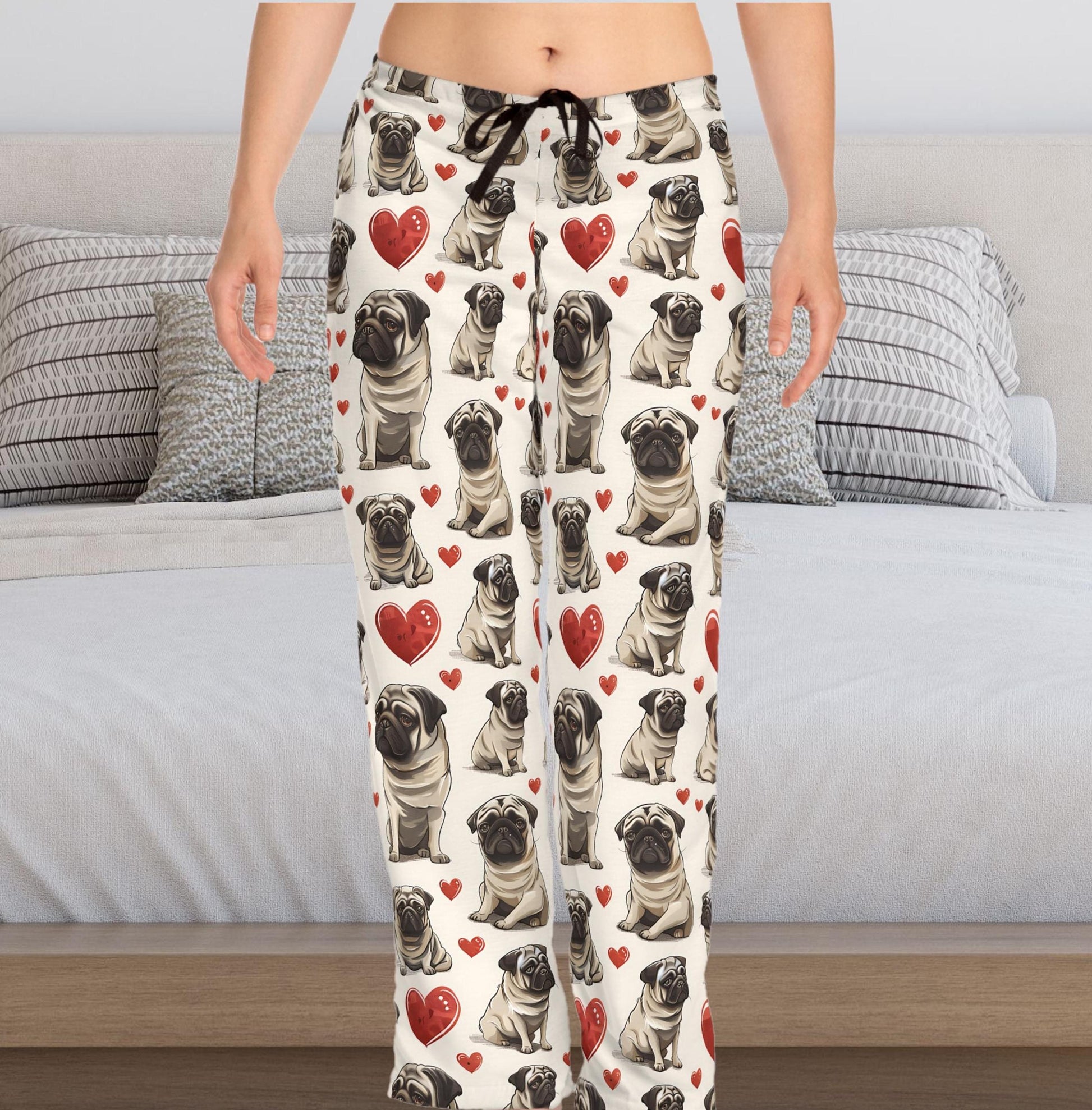 Pug Heart Women's Pajama Pants, Valentine's Day Gift, Dog Lover Lounge Wear, Cute Animal Pattern, Birthday Present