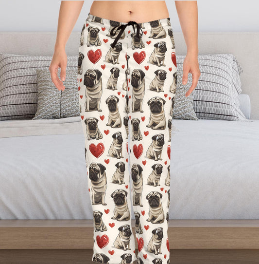 Pug Heart Women's Pajama Pants, Valentine's Day Gift, Dog Lover Lounge Wear, Cute Animal Pattern, Birthday Present