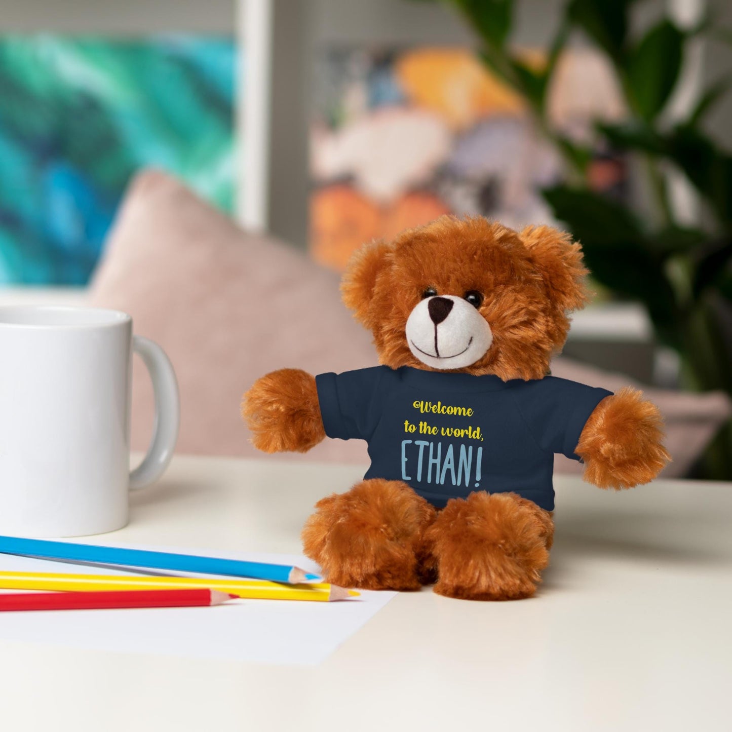 Personalized Plush Animal, New Baby Gift, Stuffed Animal with Tee, Customizable Nursery Decor, Baby Shower Present, Cute Teddy Bear Toy
