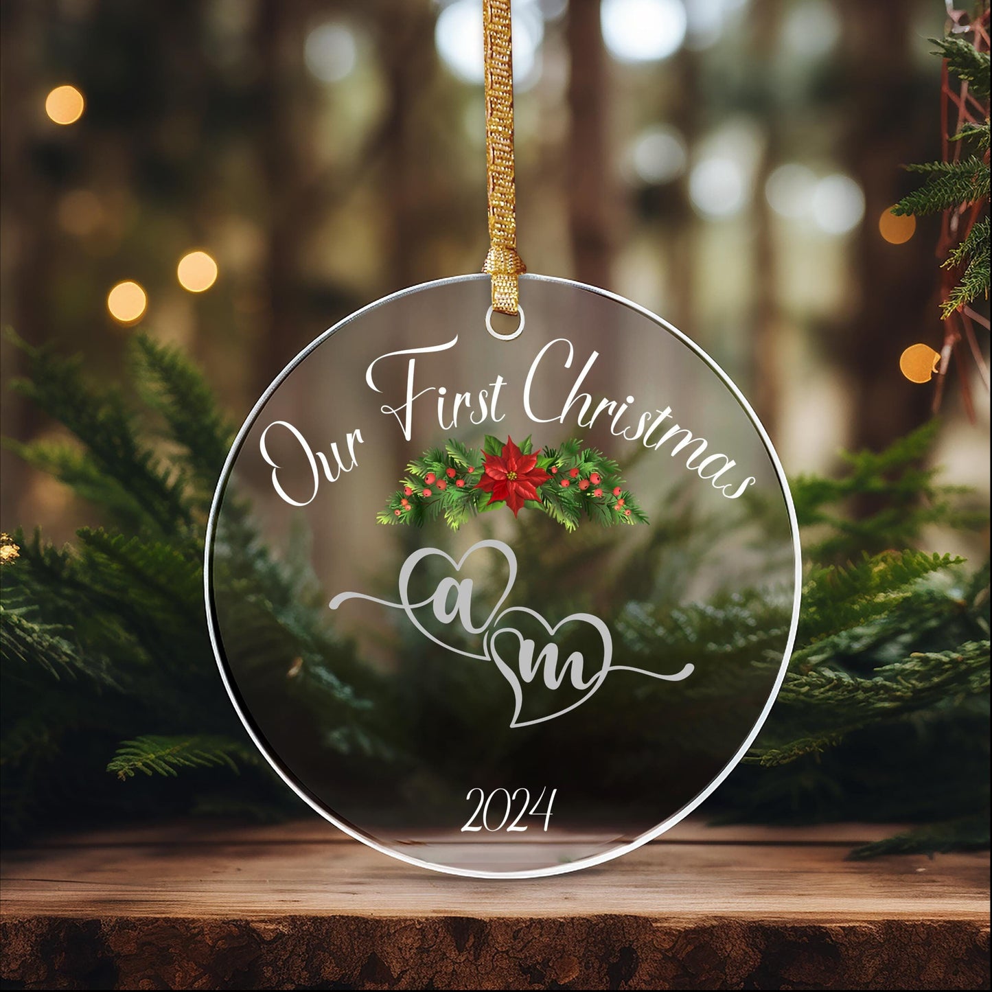 Couple's First Christmas Acrylic Ornaments - Initials Hearts Year Pine Holly Berries Red Bow, Holiday Decor, Personalized Christmas Gift,