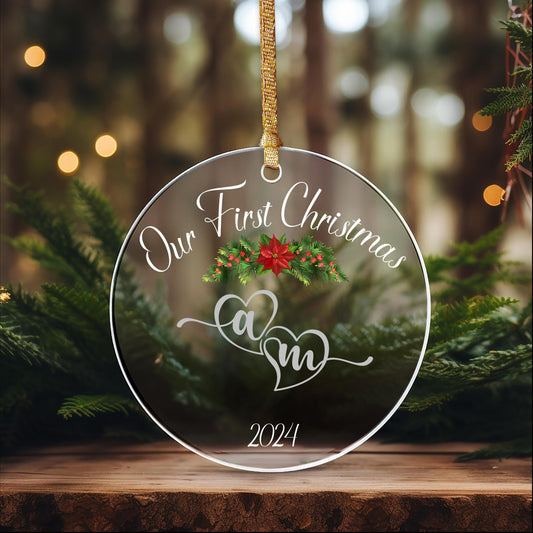 Couple's First Christmas Acrylic Ornaments - Initials Hearts Year Pine Holly Berries Red Bow, Holiday Decor, Personalized Christmas Gift,