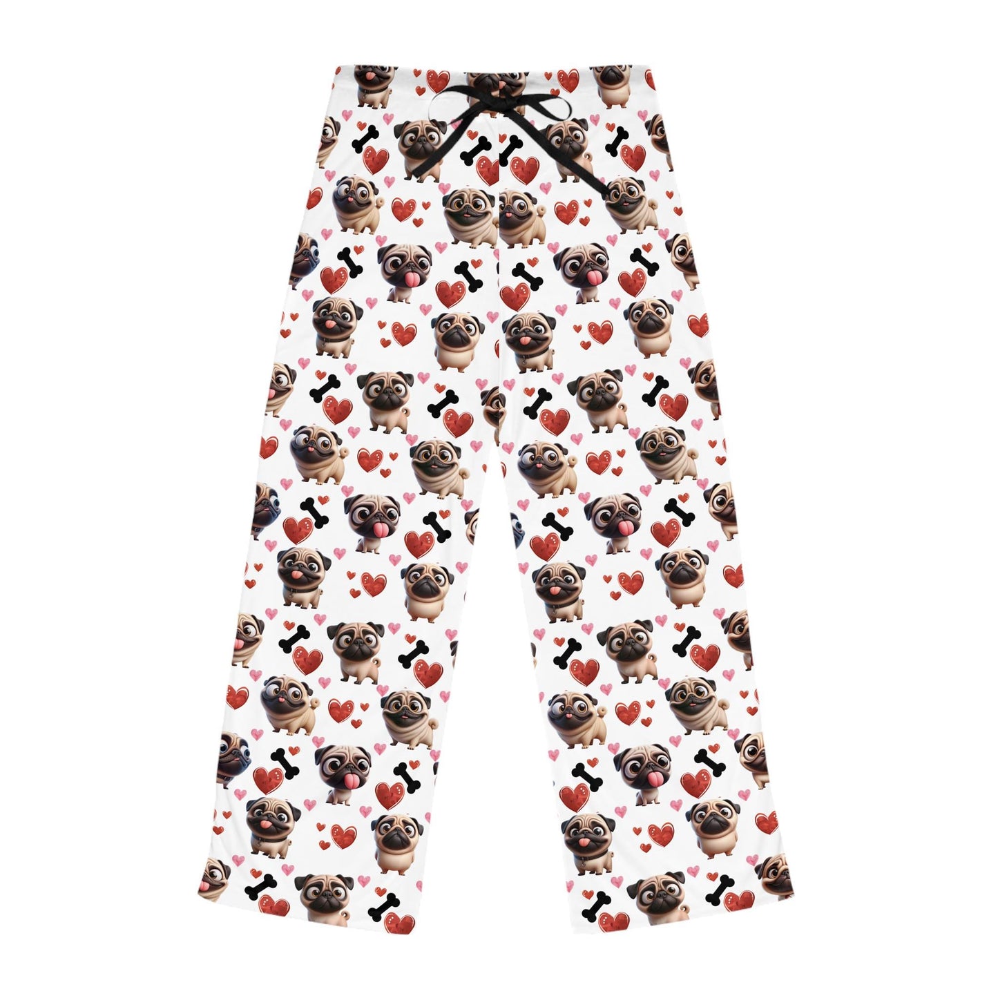 Pug Lover Pajama Pants, Dog Bone Hearts Pattern, Valentine's Day Gift, Anniversary, Birthday, Women's Sleepwear
