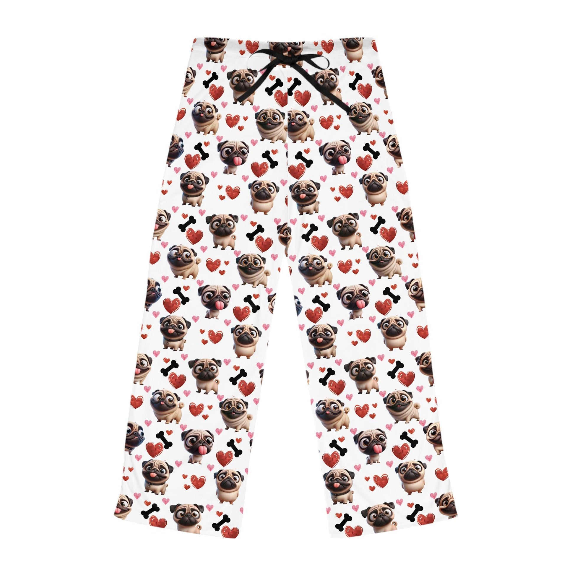 Pug Lover Pajama Pants, Dog Bone Hearts Pattern, Valentine's Day Gift, Anniversary, Birthday, Women's Sleepwear