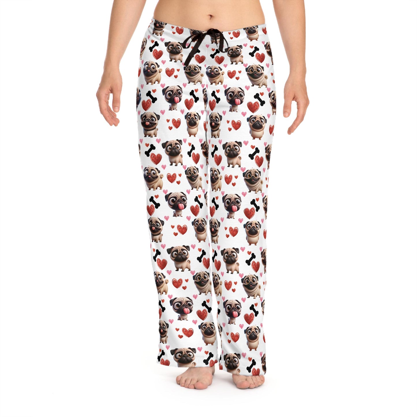 Pug Lover Pajama Pants, Dog Bone Hearts Pattern, Valentine's Day Gift, Anniversary, Birthday, Women's Sleepwear