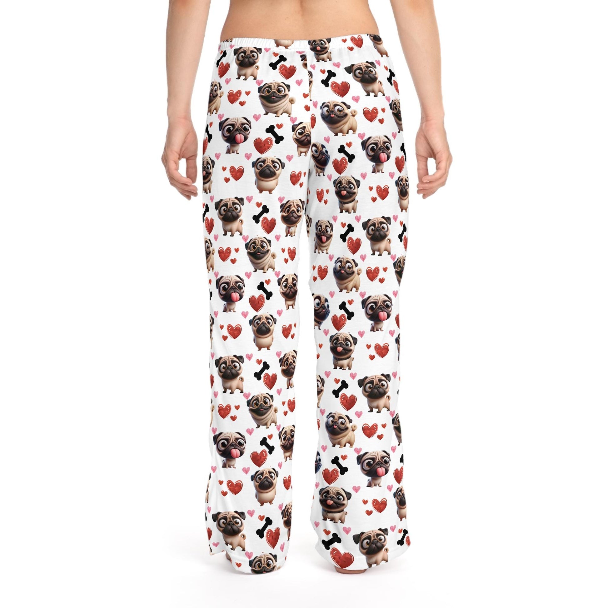 Pug Lover Pajama Pants, Dog Bone Hearts Pattern, Valentine's Day Gift, Anniversary, Birthday, Women's Sleepwear
