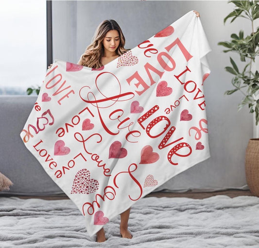 Fleece Blanket Love Design - Valentine's Day Gift, Anniversary, Birthday - Cozy Throw, Watercolor Heart Print, Everyday Home Decor