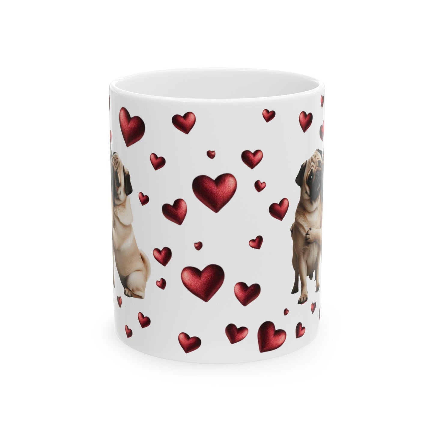 Pug Love Ceramic Mug, Valentine's Day Gift, Adorable Pug Couple, Heart Design, Couples Gift, Valentine's Day gift