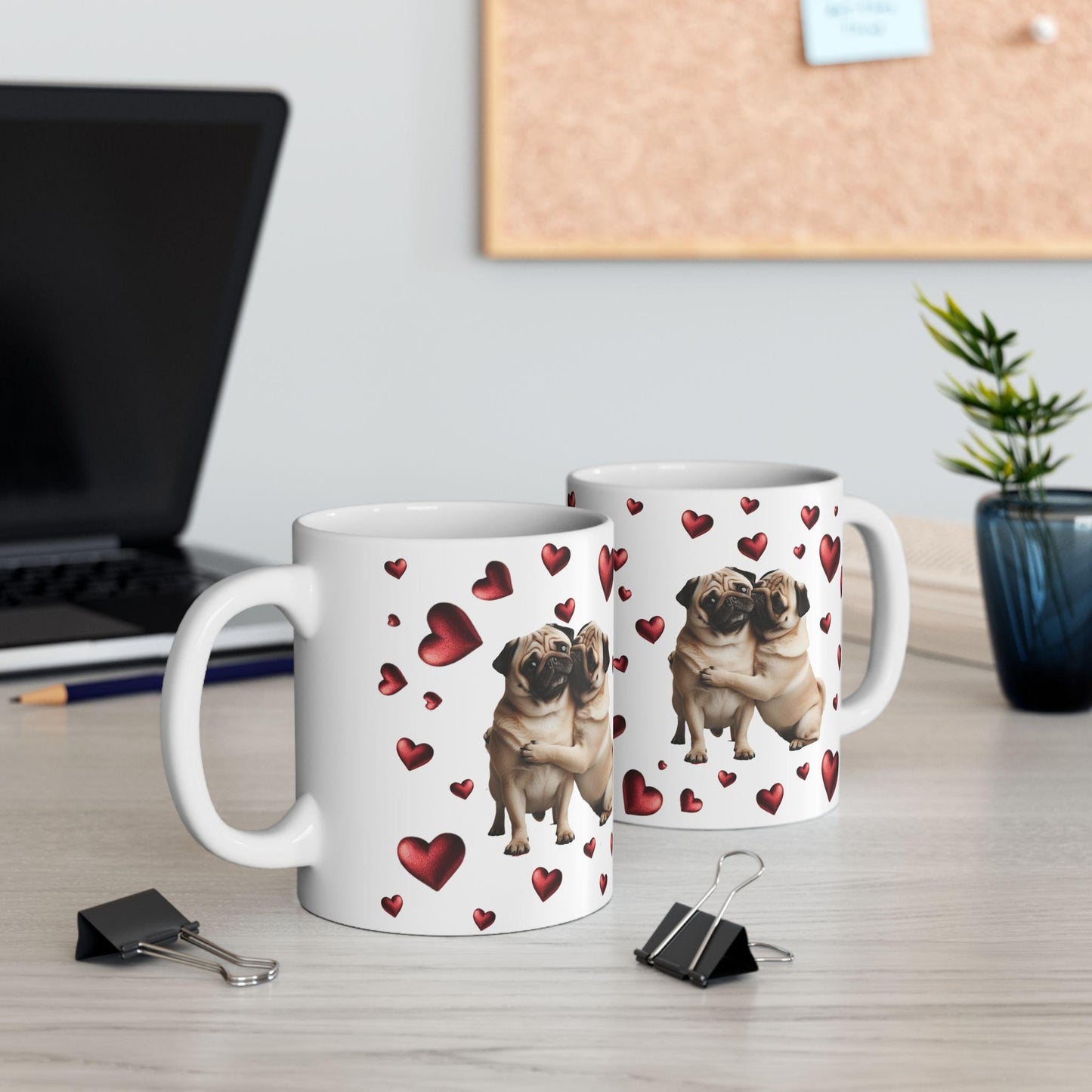 Pug Love Ceramic Mug, Valentine's Day Gift, Adorable Pug Couple, Heart Design, Couples Gift, Valentine's Day gift