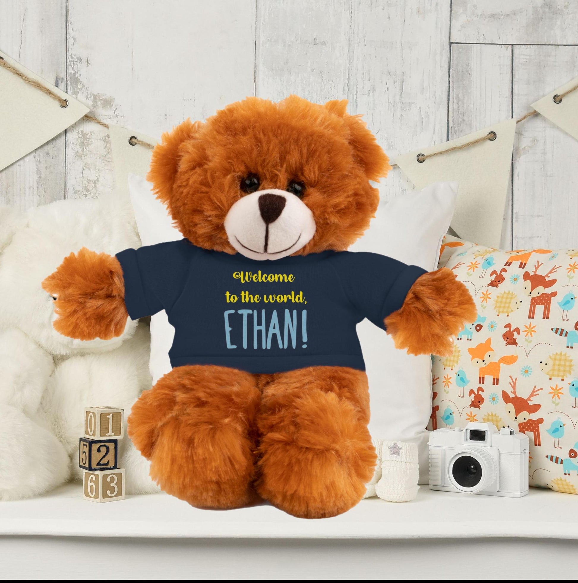 Personalized Plush Animal, New Baby Gift, Stuffed Animal with Tee, Customizable Nursery Decor, Baby Shower Present, Cute Teddy Bear Toy