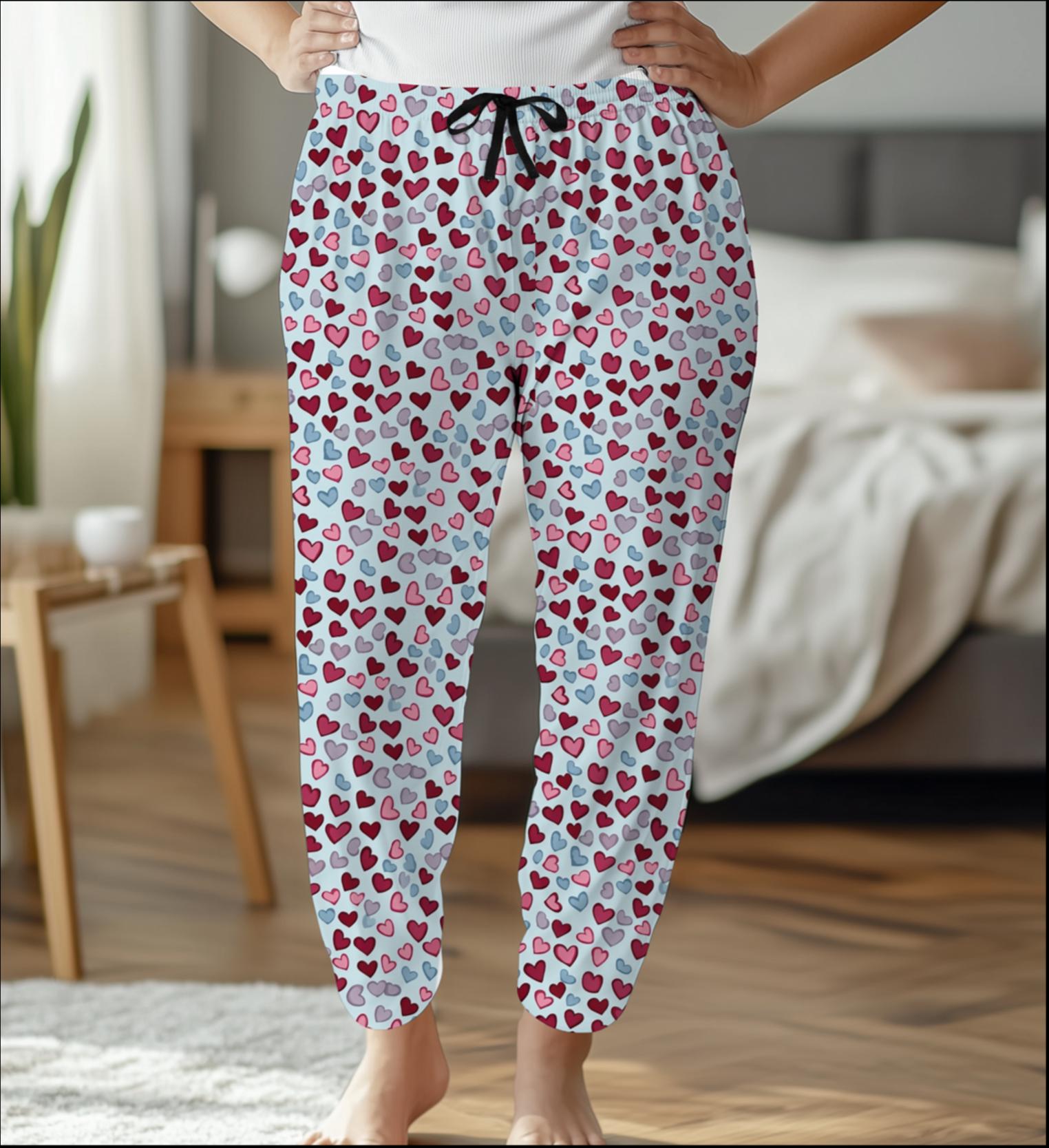 Heart Pattern Women's Pajama Pants, Cute Valentine's Day Lounge Pants, Comfy Anniversary Sleepwear, Gift for Her, Cozy Nightwear