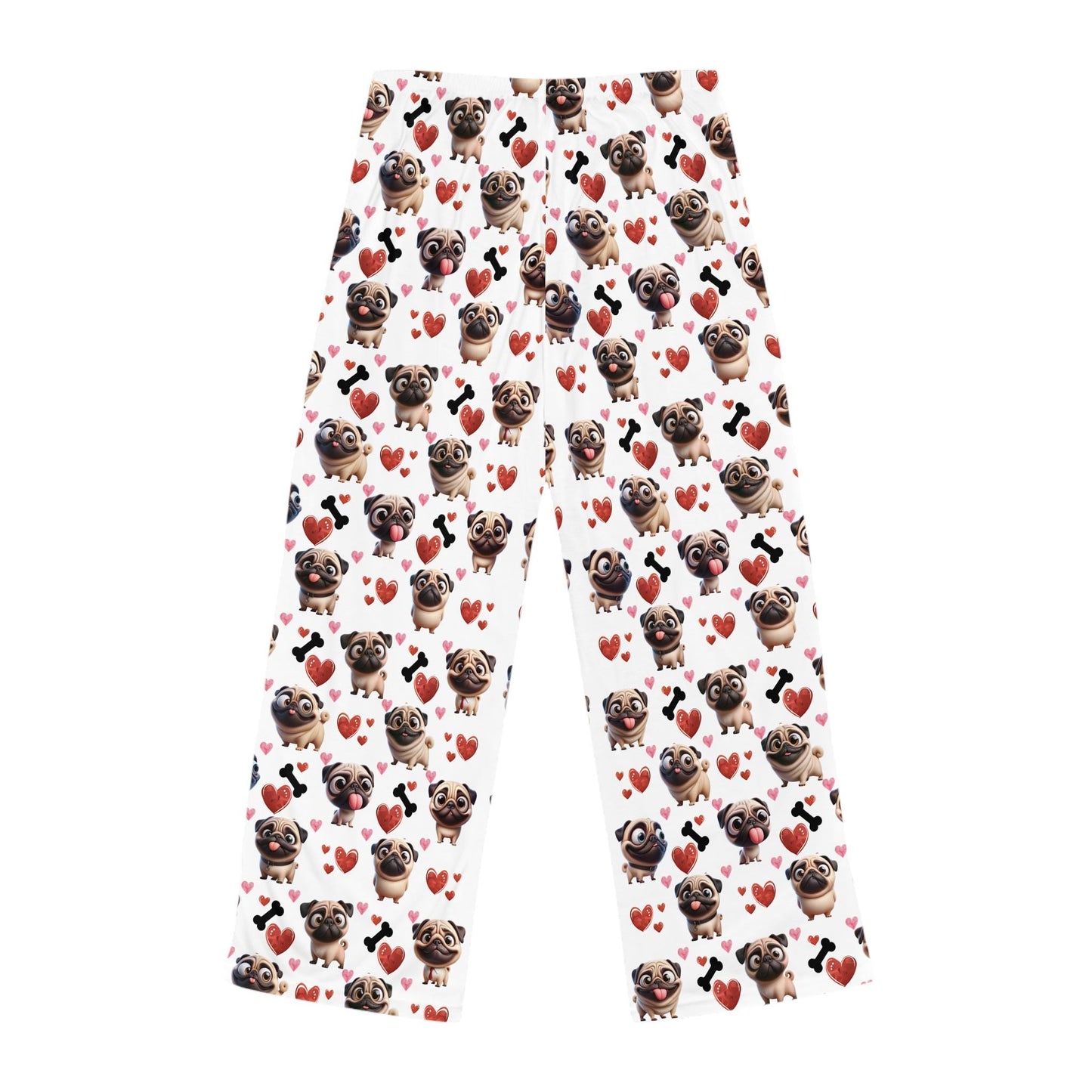 Pug Lover Pajama Pants, Dog Bone Hearts Pattern, Valentine's Day Gift, Anniversary, Birthday, Women's Sleepwear