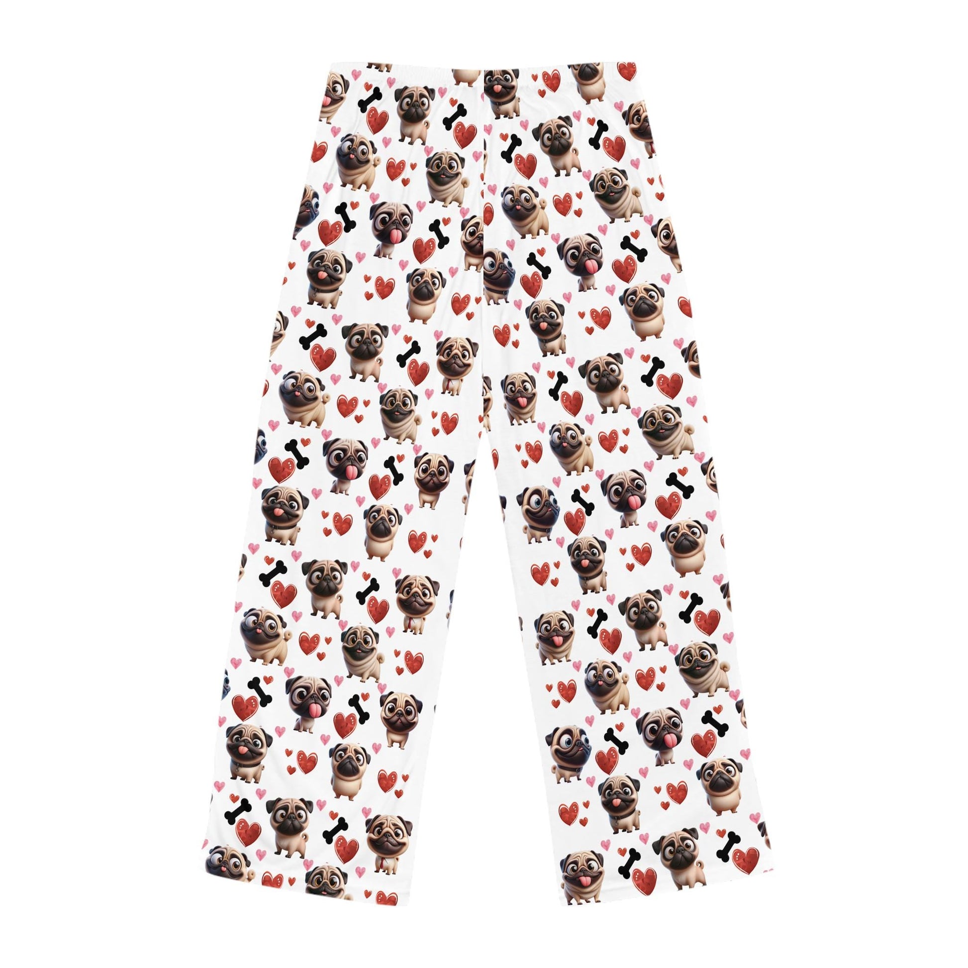 Pug Lover Pajama Pants, Dog Bone Hearts Pattern, Valentine's Day Gift, Anniversary, Birthday, Women's Sleepwear