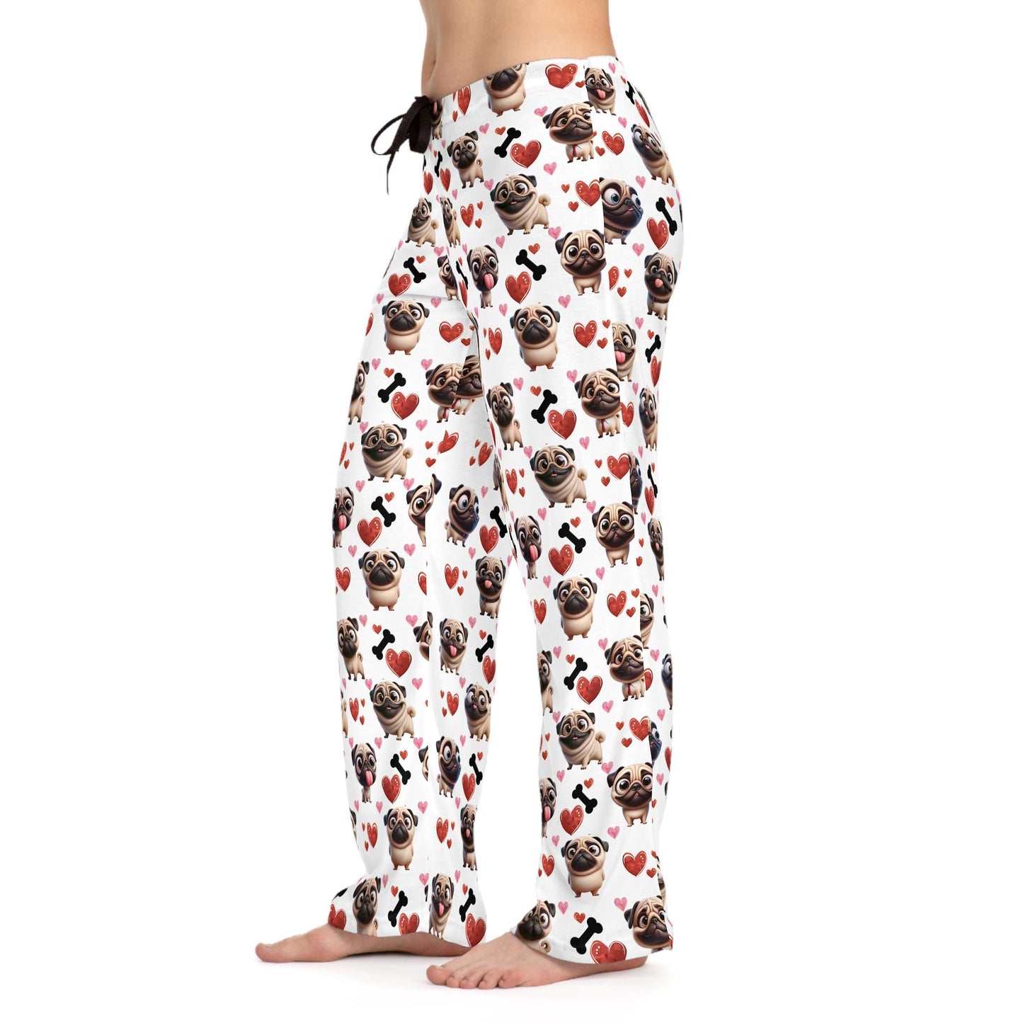 Pug Lover Pajama Pants, Dog Bone Hearts Pattern, Valentine's Day Gift, Anniversary, Birthday, Women's Sleepwear