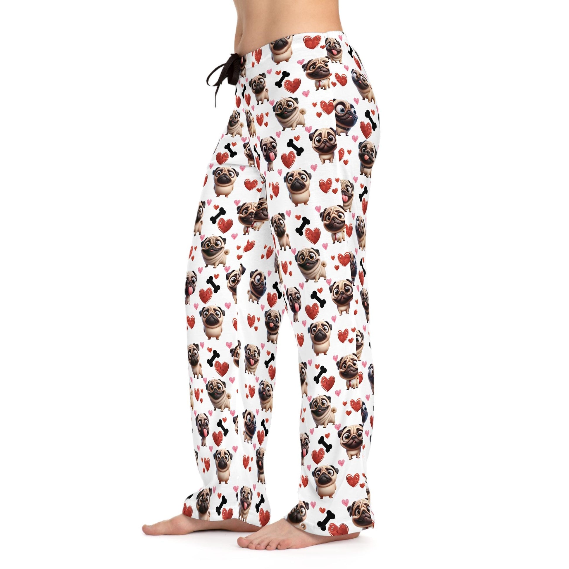 Pug Lover Pajama Pants, Dog Bone Hearts Pattern, Valentine's Day Gift, Anniversary, Birthday, Women's Sleepwear