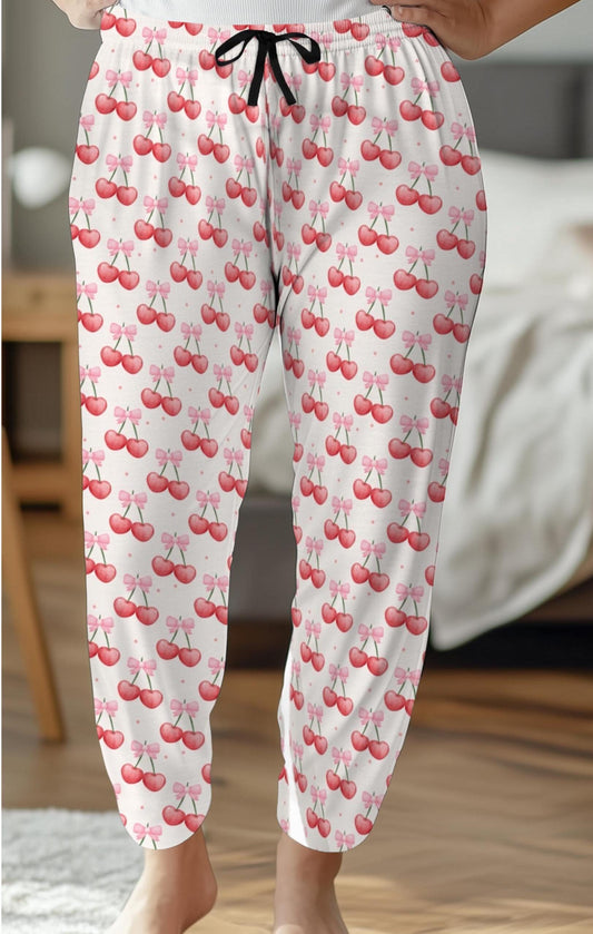 Cherry Bow Women's Pajama Pants, Cozy Sleepwear, Lounge Pants, Cute PJ Bottoms, Cherry Pattern, Comfy Nightwear