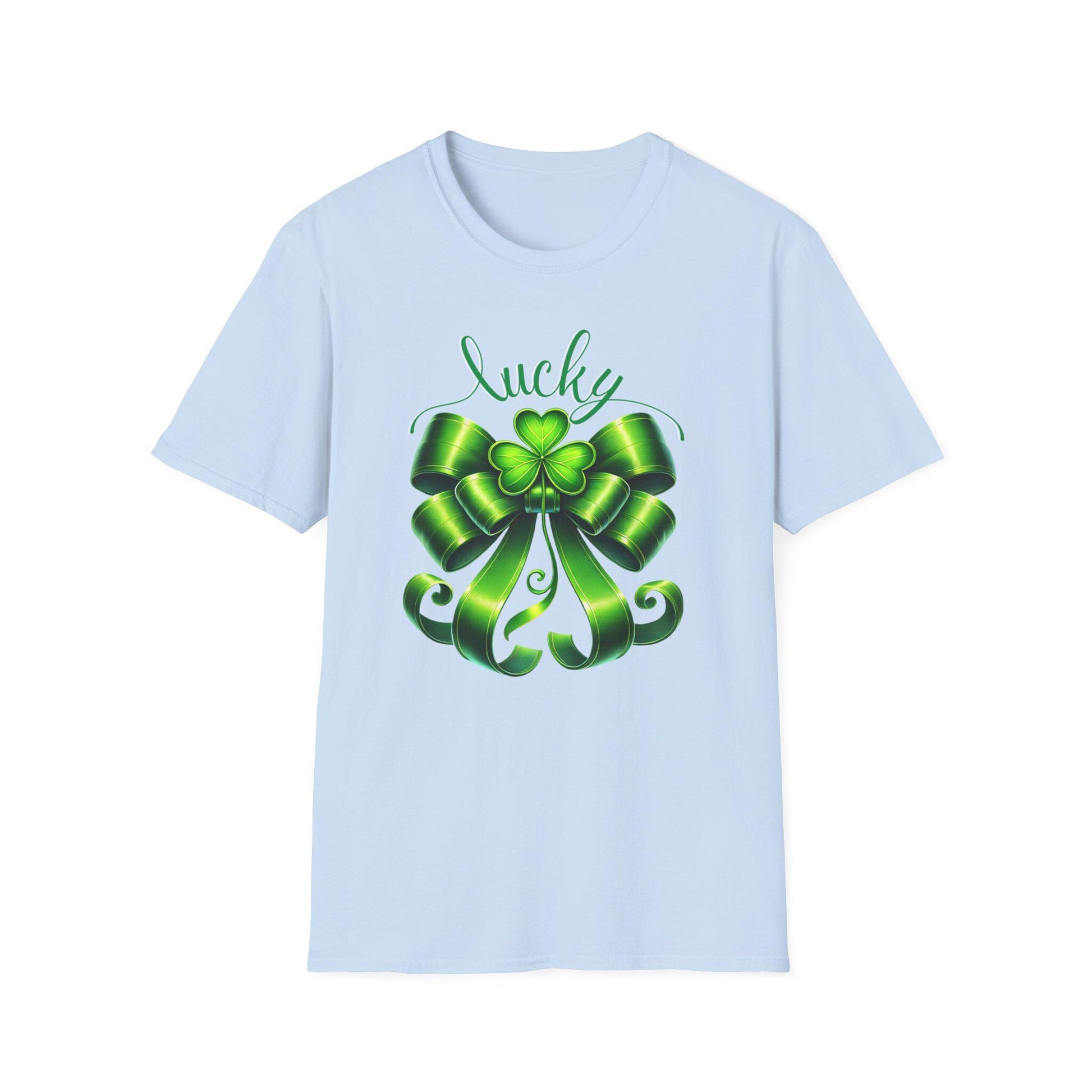 Lucky Shamrock Bow St. Patrick's Day T-Shirt, Saint Paddy's Top, Irish Luck Tee, Coquette Irish Tee, Whimsical Lucky Shirt